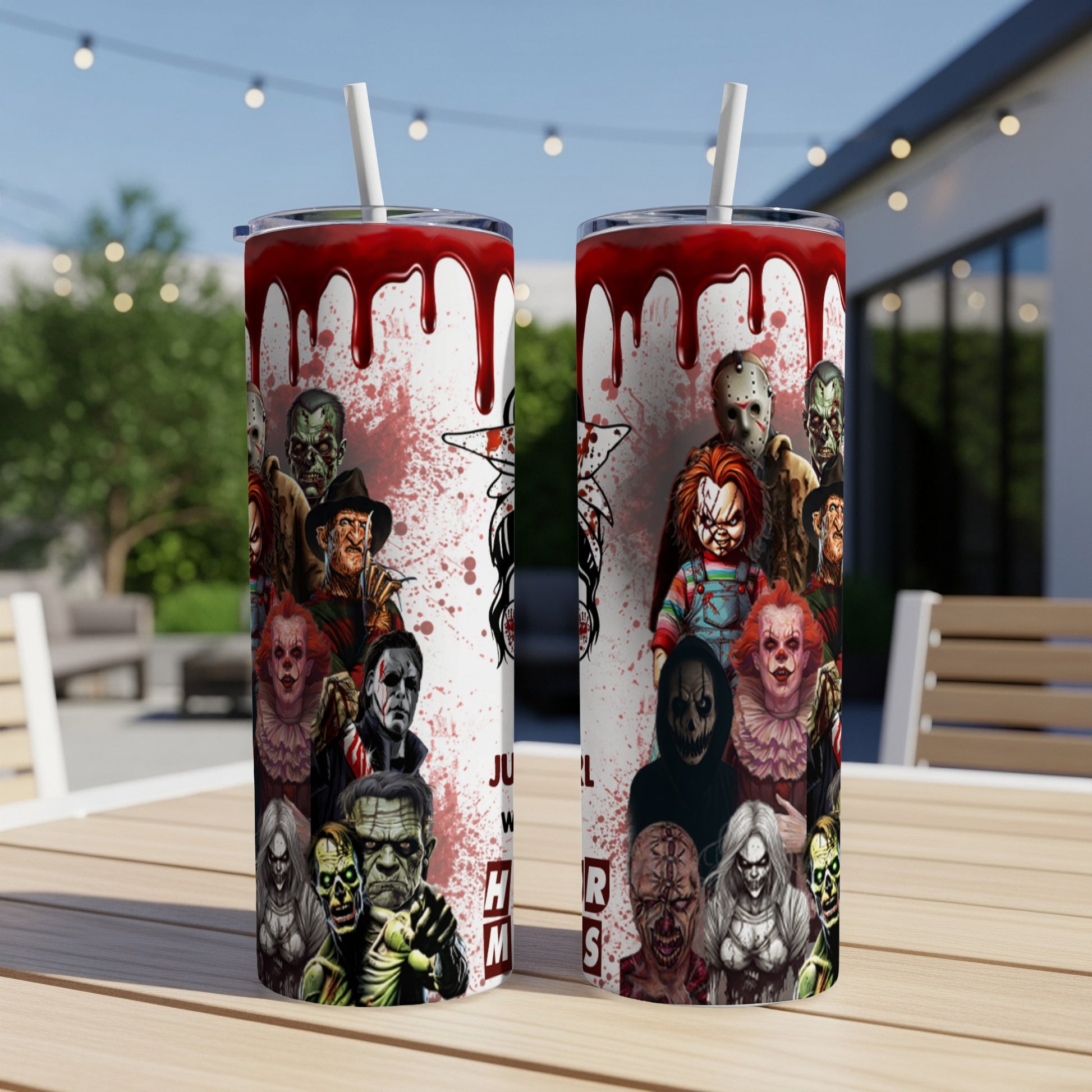 Two tumblers with horror characters and blood splatter design.