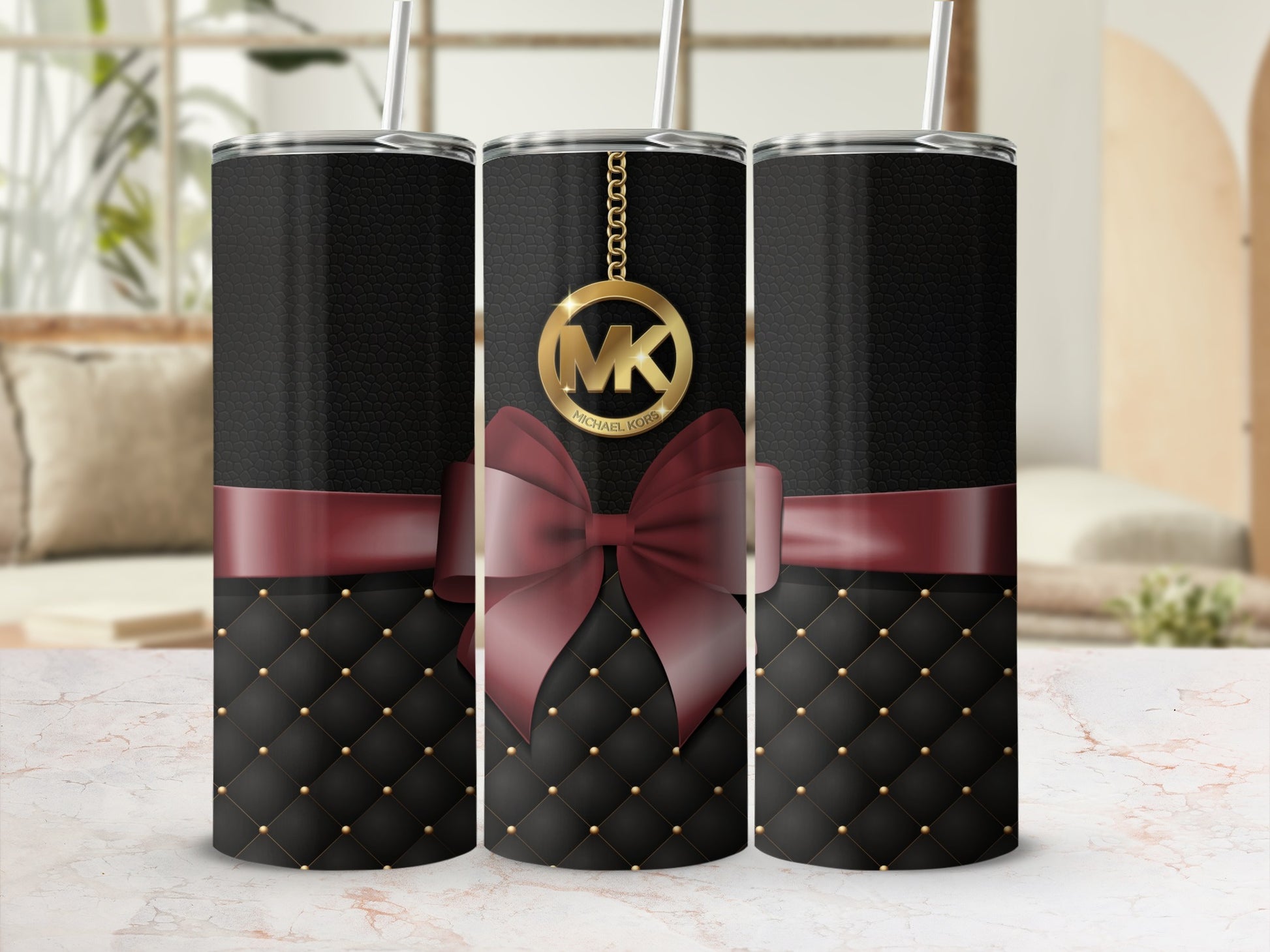 Black and Red Bow Design Tumbler Cup with Logo Print