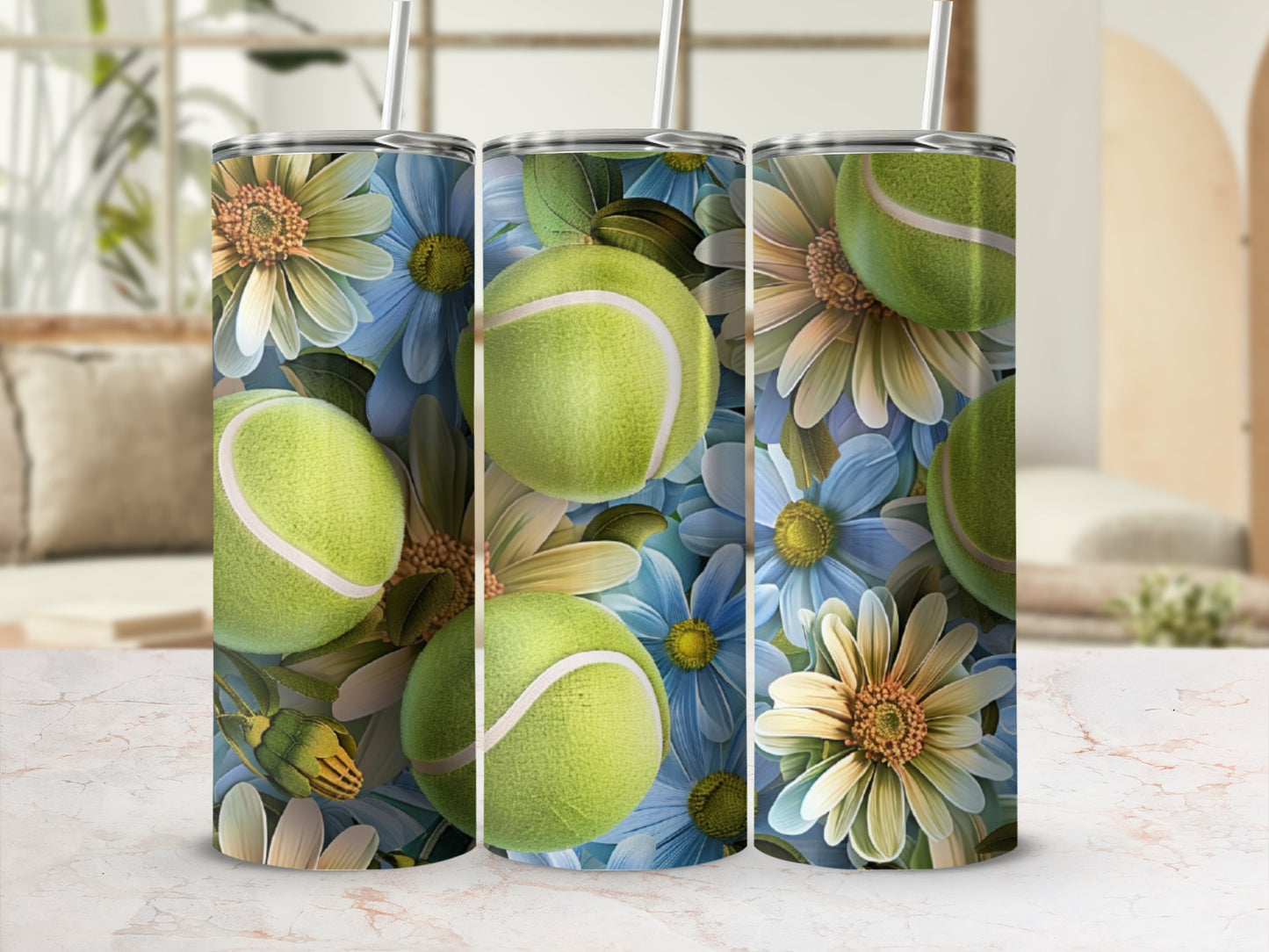 Tennis balls and daisies on a floral pattern tumbler.