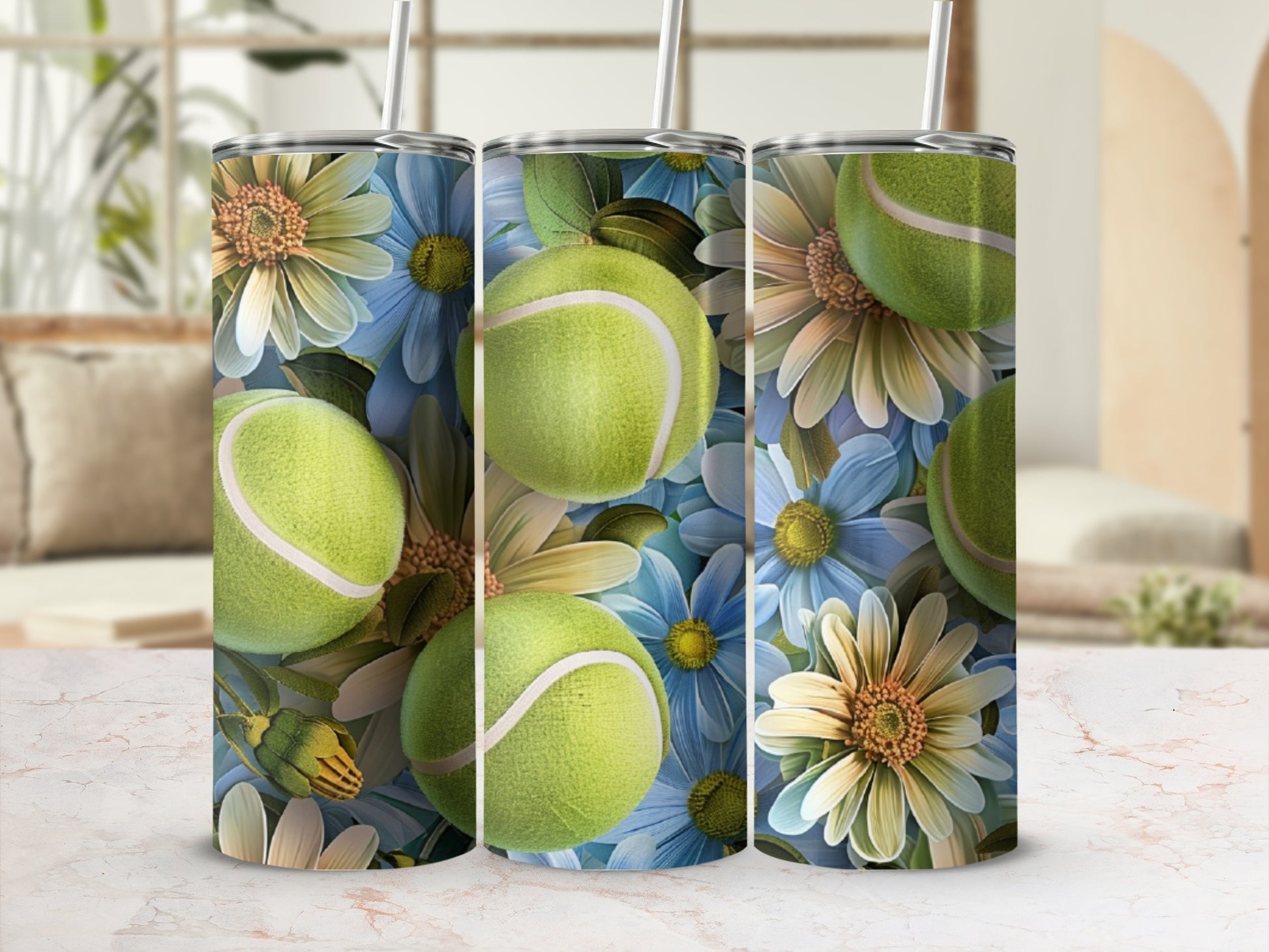Tennis balls and daisies on a floral pattern tumbler.