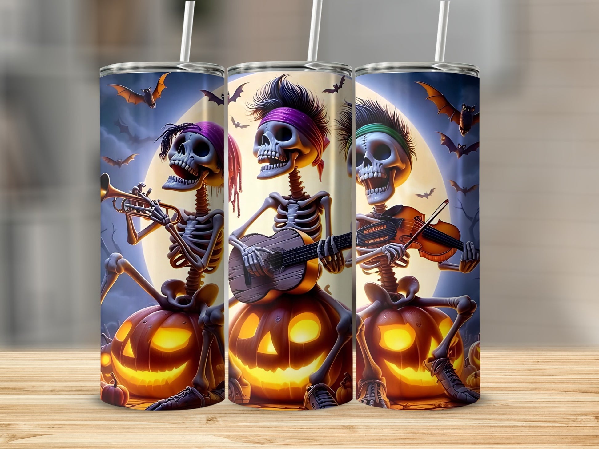 Skeletons with Musical Instruments and Pumpkins tumbler