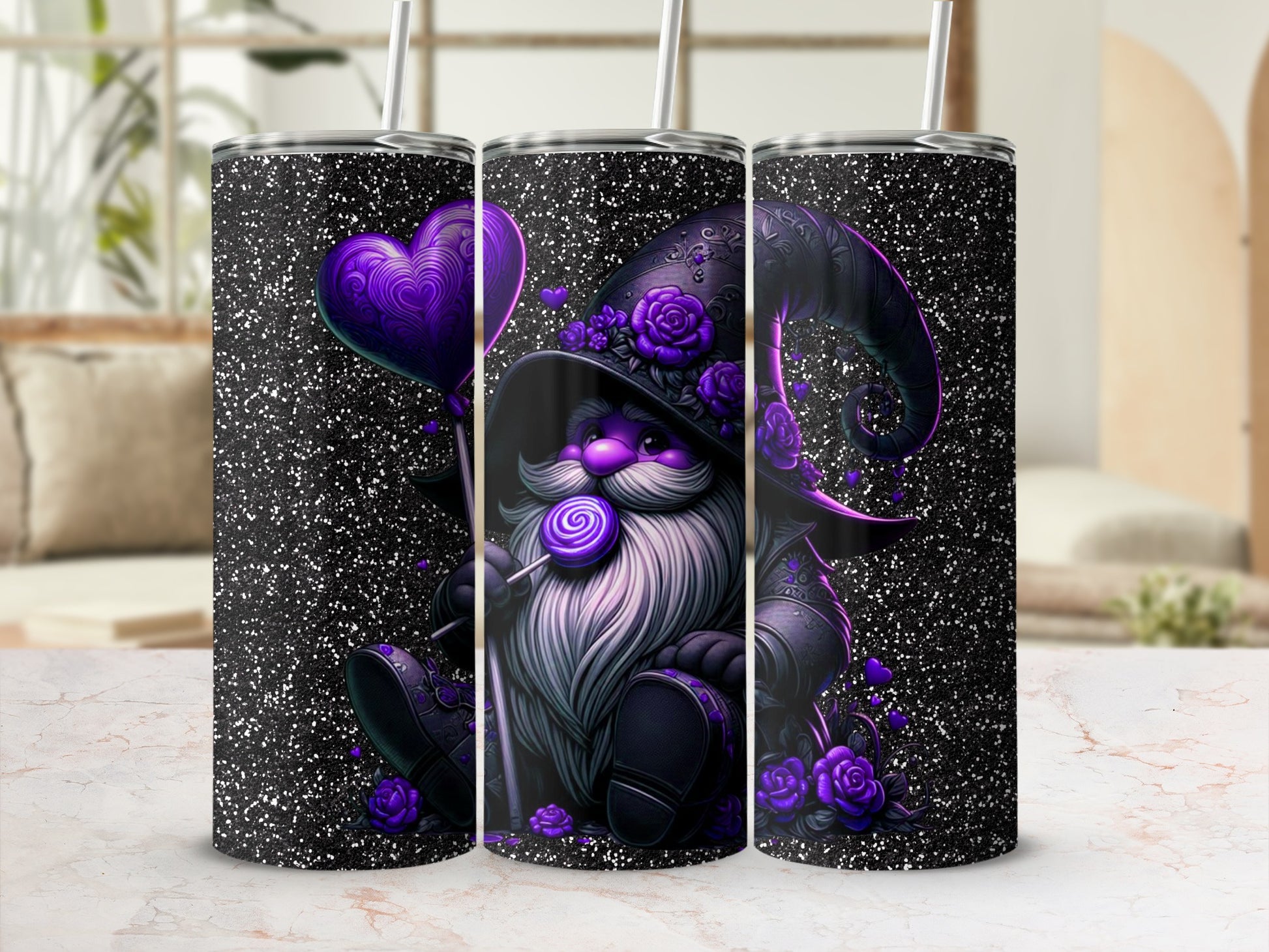Purple Gnome Wizard Glitter Tumbler with Hearts