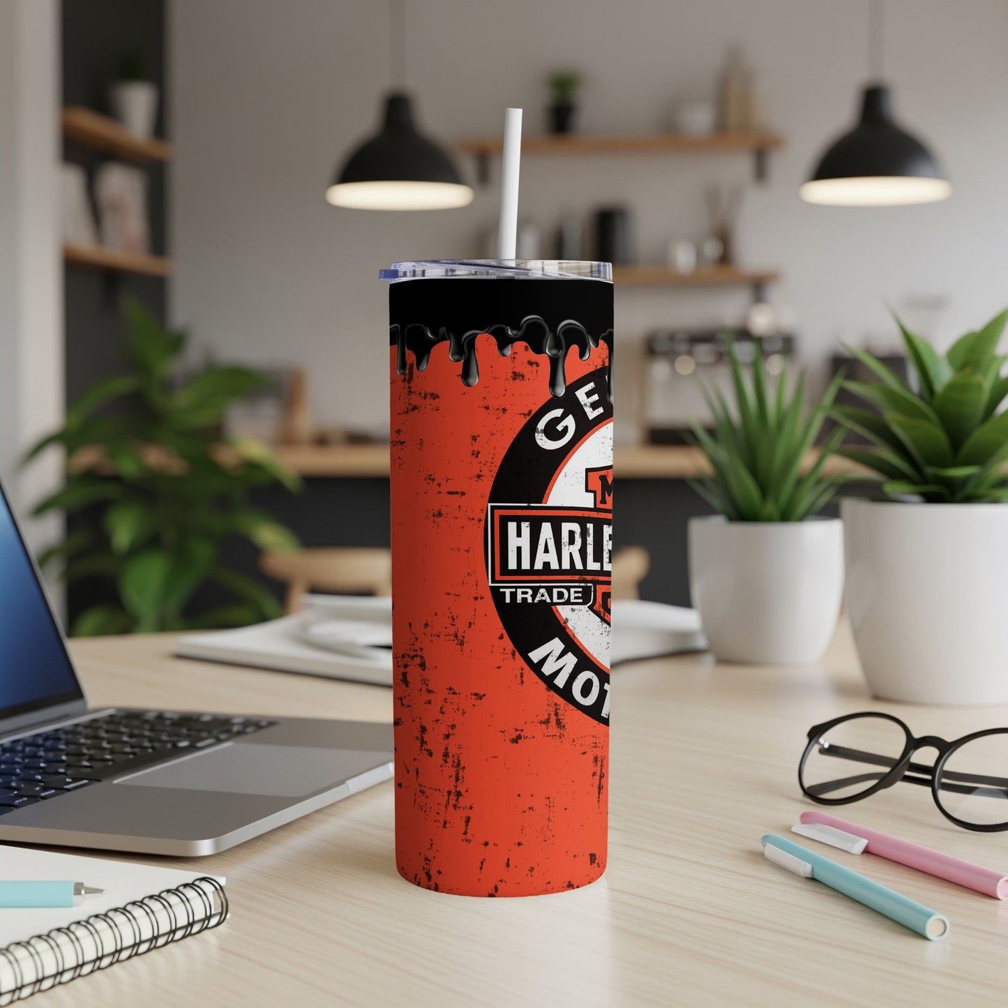 Orange Harley-Davidson tumbler with distressed finish and black drip accents.