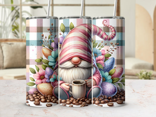 Gnome holding coffee mug with Easter eggs and flowers, plaid background.