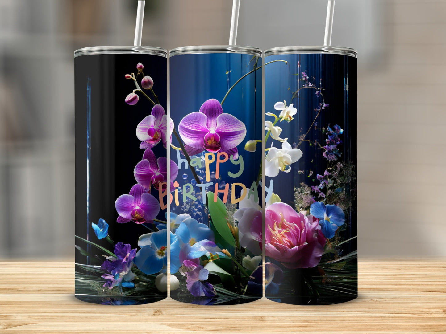 Three tumblers featuring floral designs and "Happy Birthday" text.