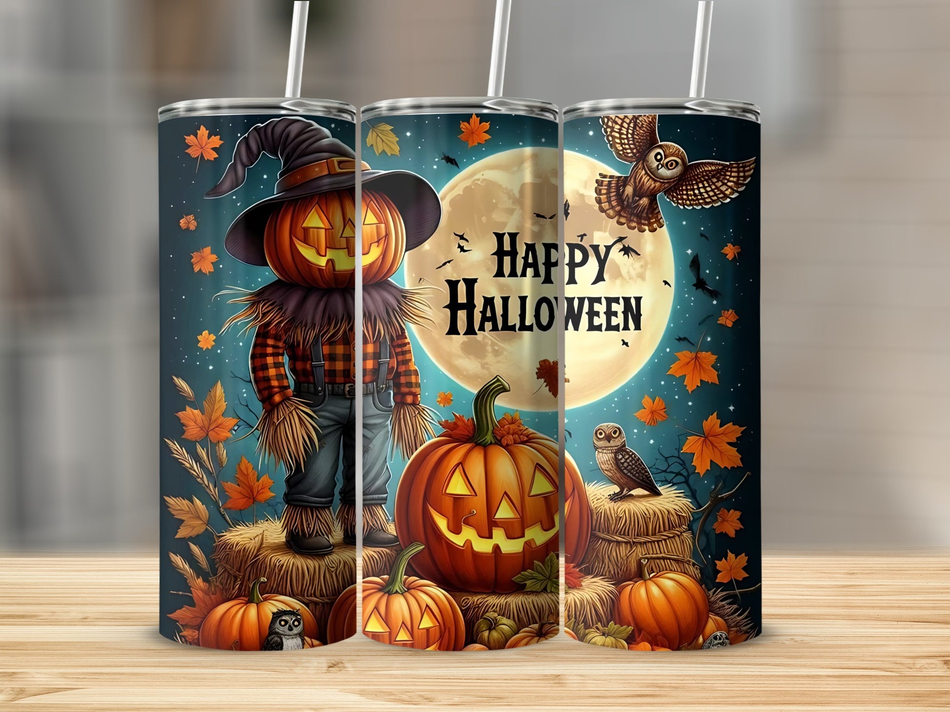 Happy Halloween Scarecrow and Pumpkins Tumbler