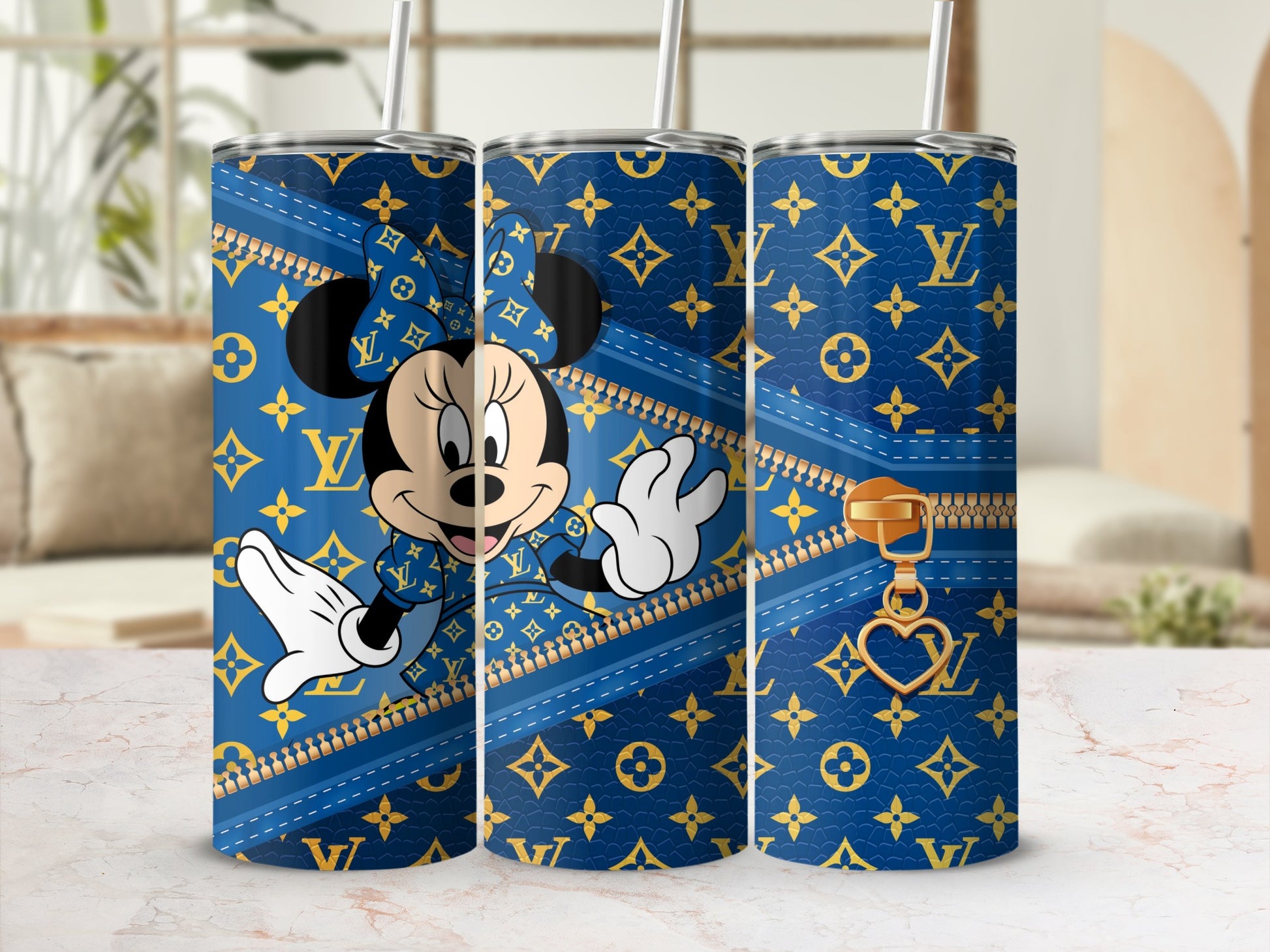 Minnie Mouse on blue Louis Vuitton pattern with gold zipper detail.