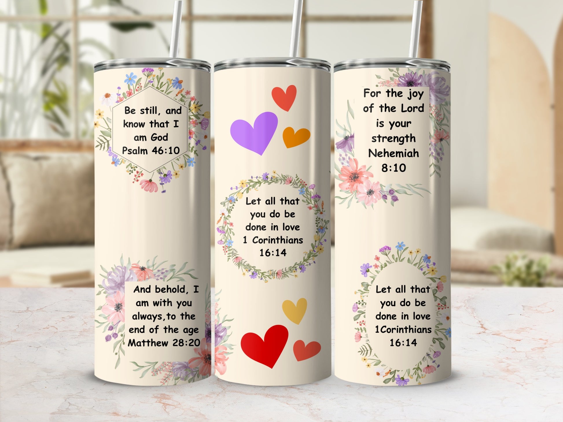 Inspirational Christian Quotes Floral Tumbler With Straw