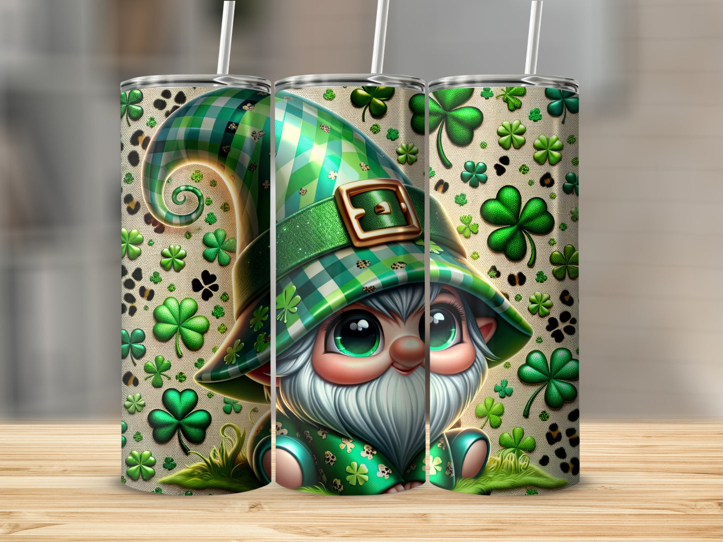 Green gnome with shamrocks on a patterned tumbler.