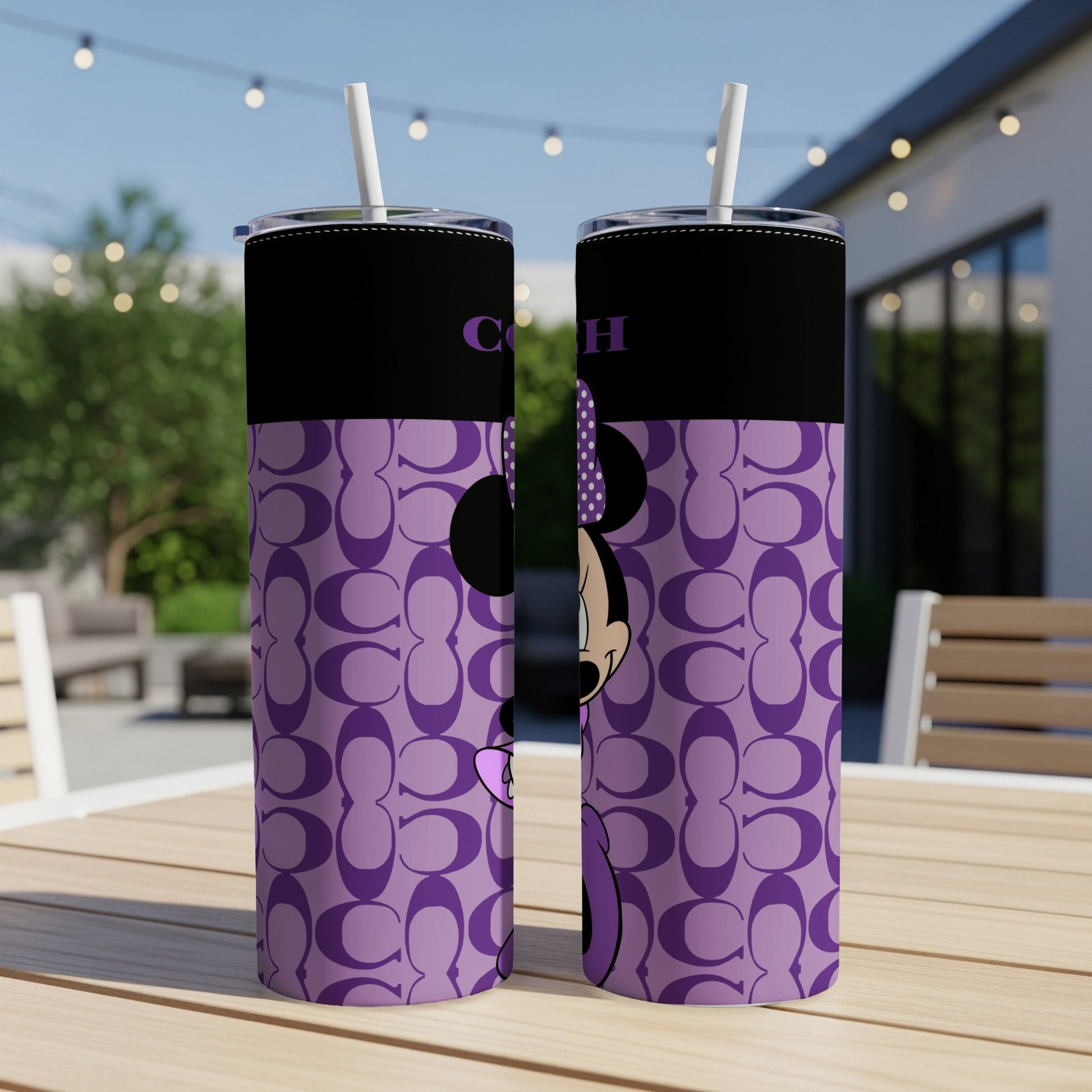 Two tumblers with a purple COACH pattern and Minnie Mouse graphics.