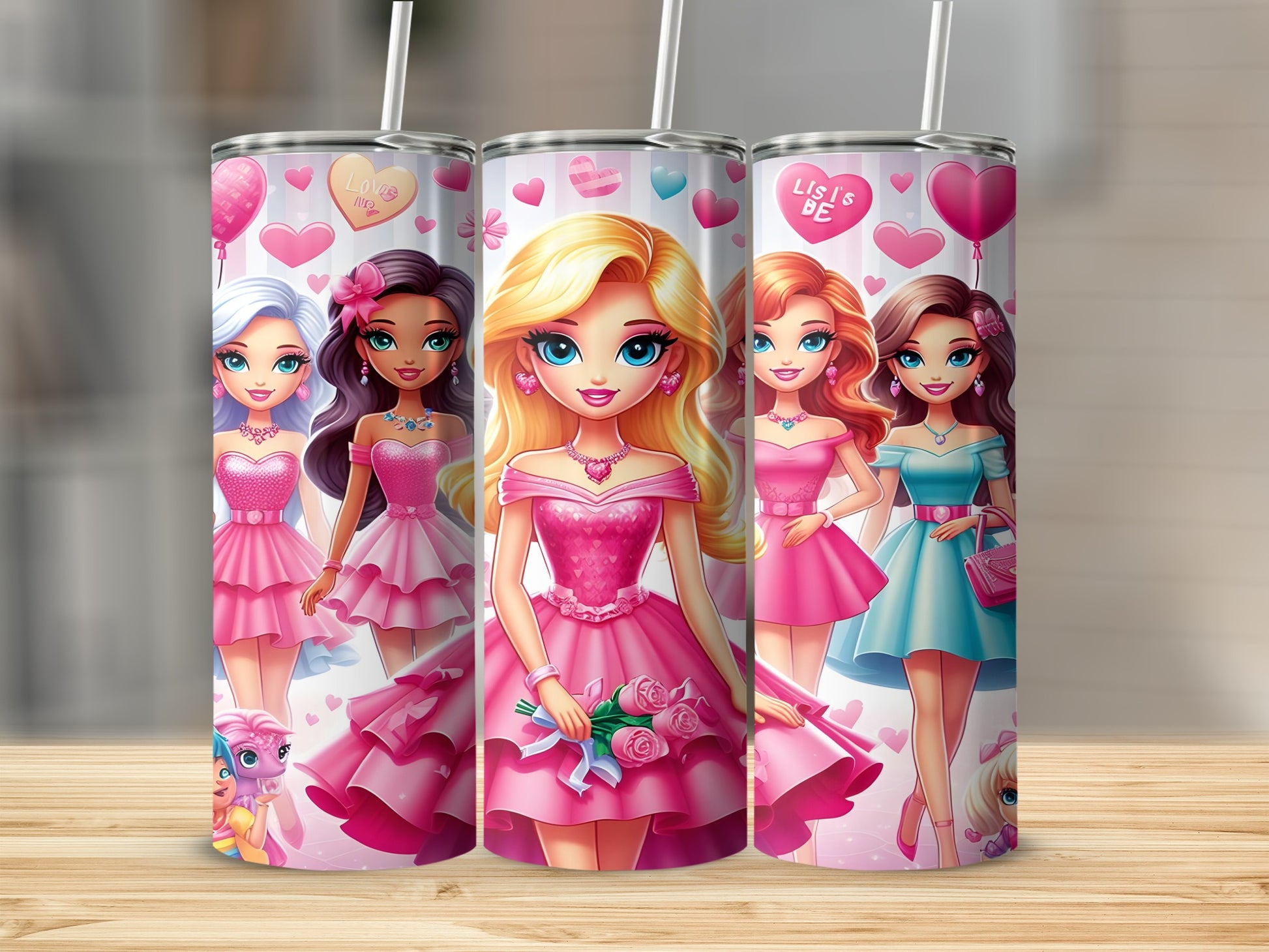 Three cartoon girls in pink dresses holding flowers on a patterned tumbler.