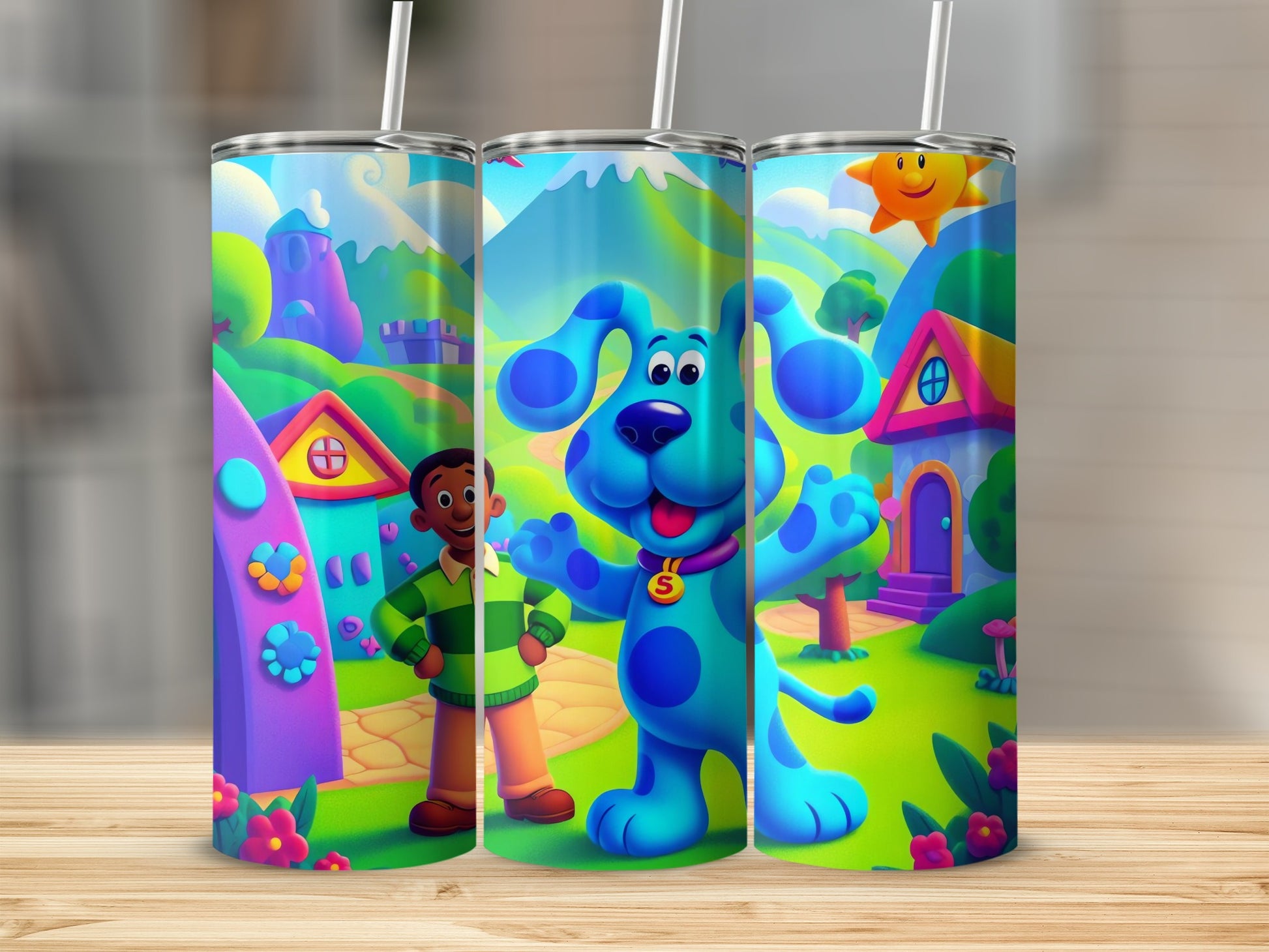 Colorful Blue Dog and Friend Adventure Travel Mug