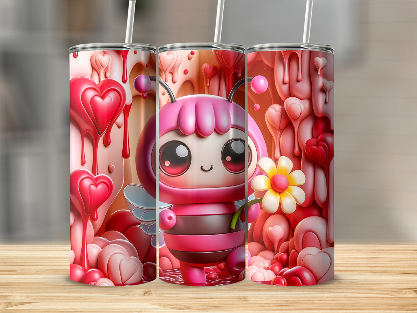 Pink bee character with flower on a tumbler, surrounded by hearts.
