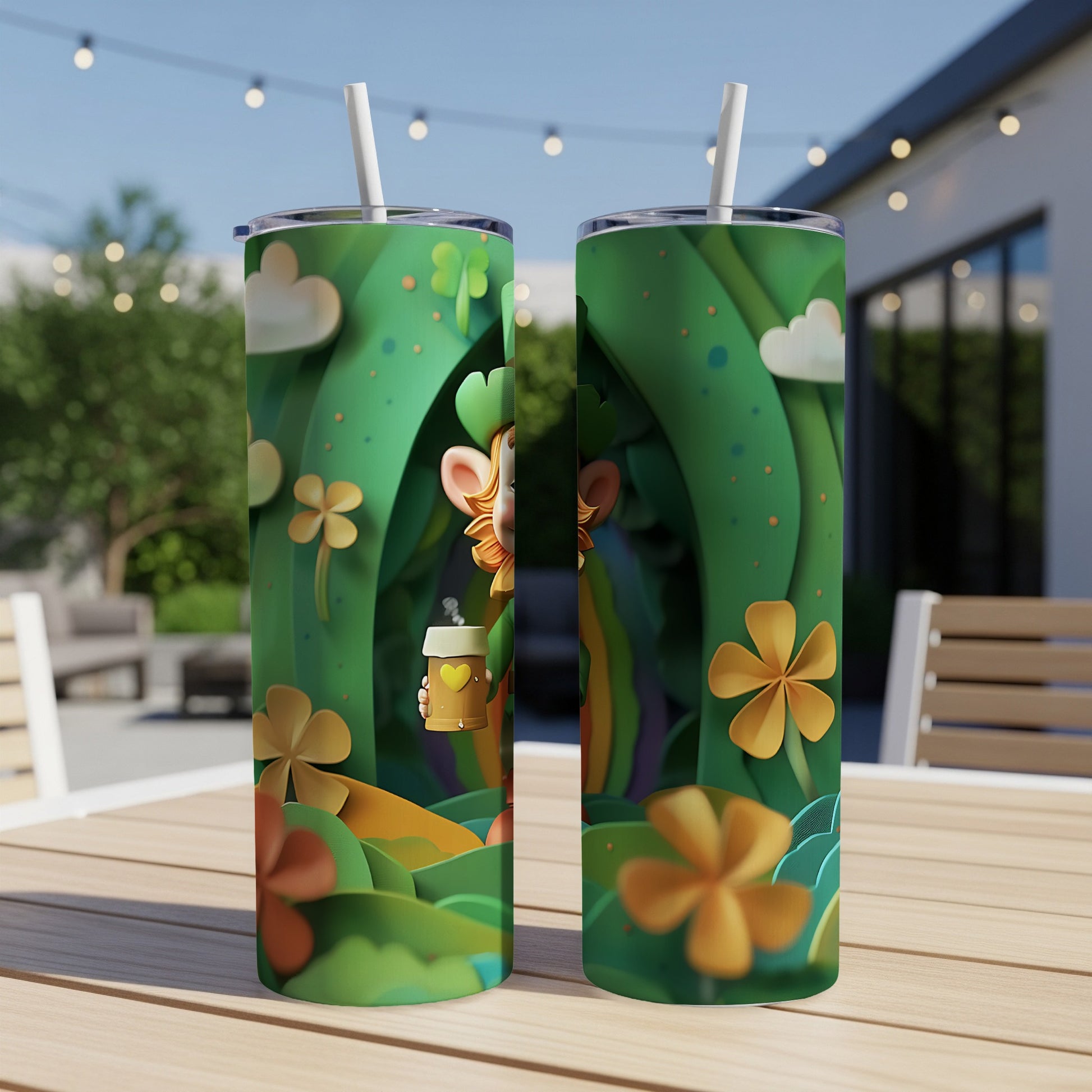 Leprechaun holding a beer mug with shamrocks and a rainbow design.