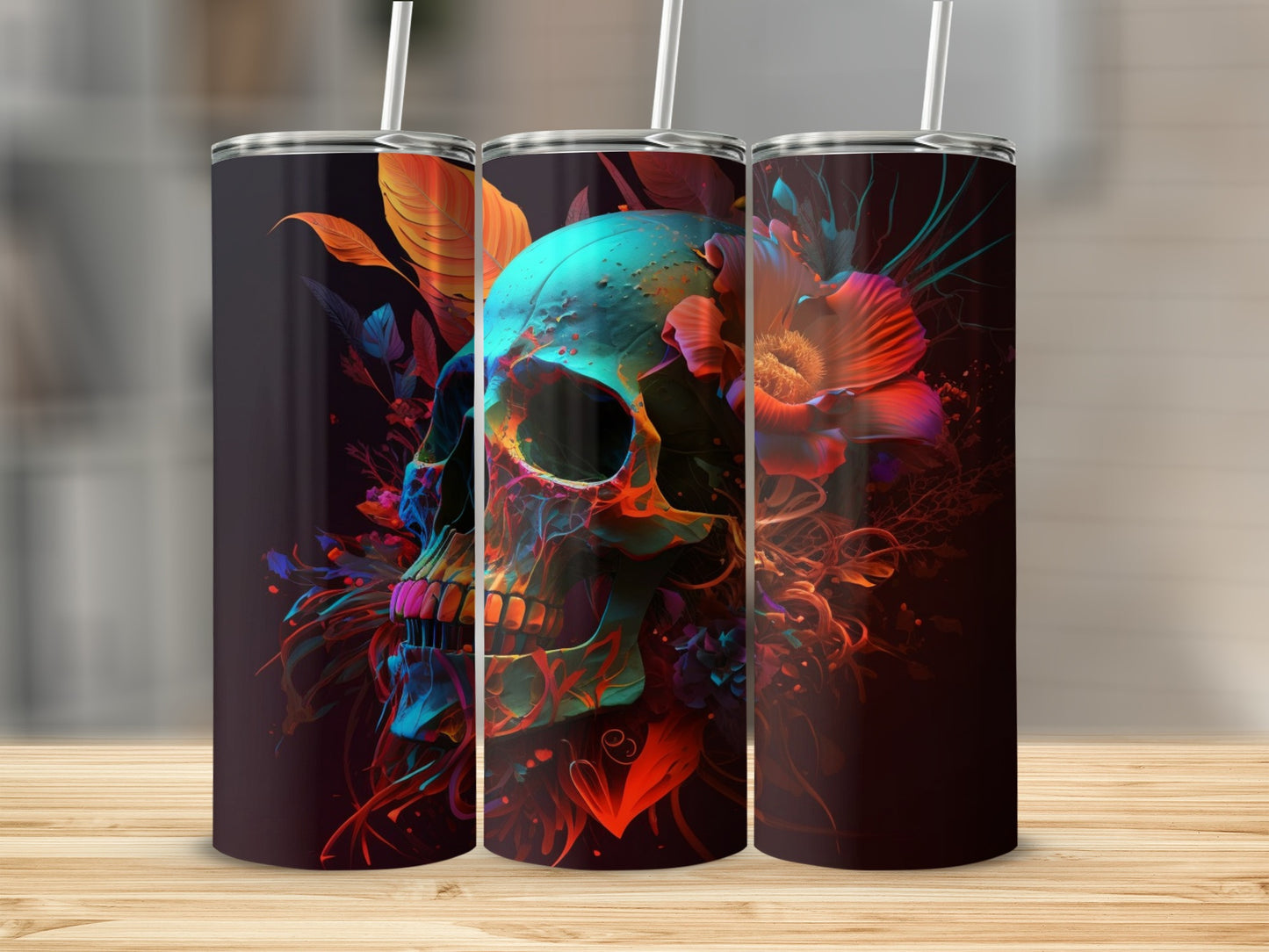 Vibrant Skull and Floral Design Insulated Tumbler
