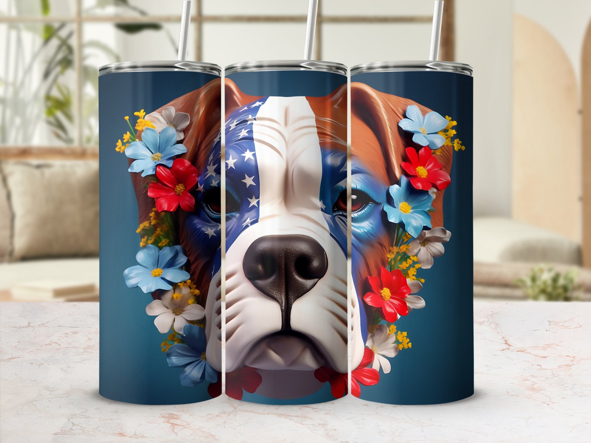 Dog wearing American flag bandana surrounded by flowers on a blue tumbler.