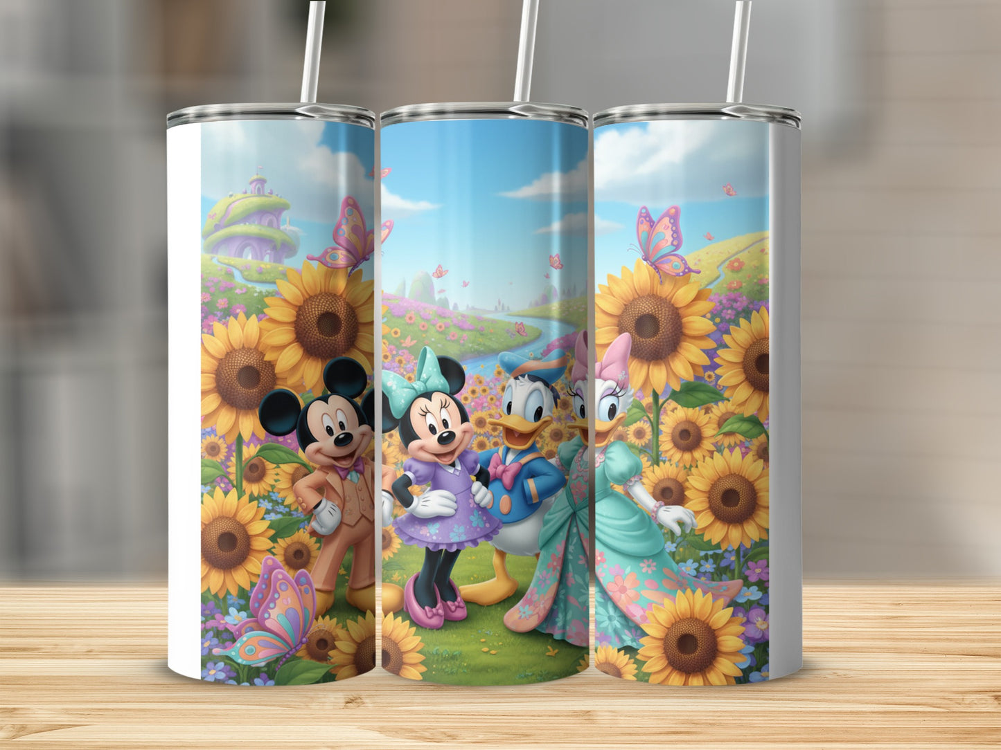 Colorful Disney Characters on Sunflower Field Tumbler