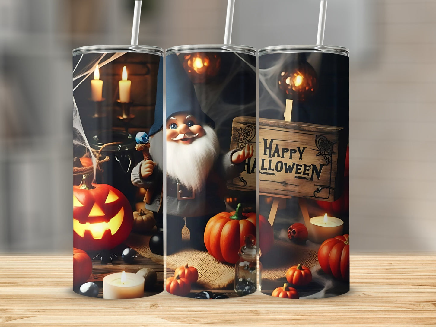 Tumbler with Halloween gnome, pumpkins, spiderwebs, and "Happy Halloween" sign.