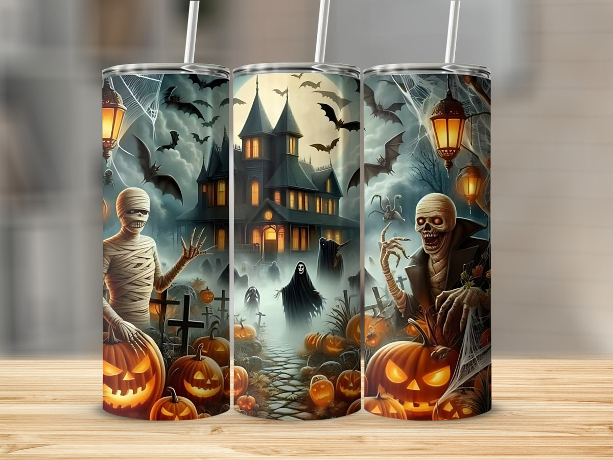 Three tumblers feature a spooky Halloween scene with a mummy, skeleton, ghosts, pumpkins, and a haunted mansion.