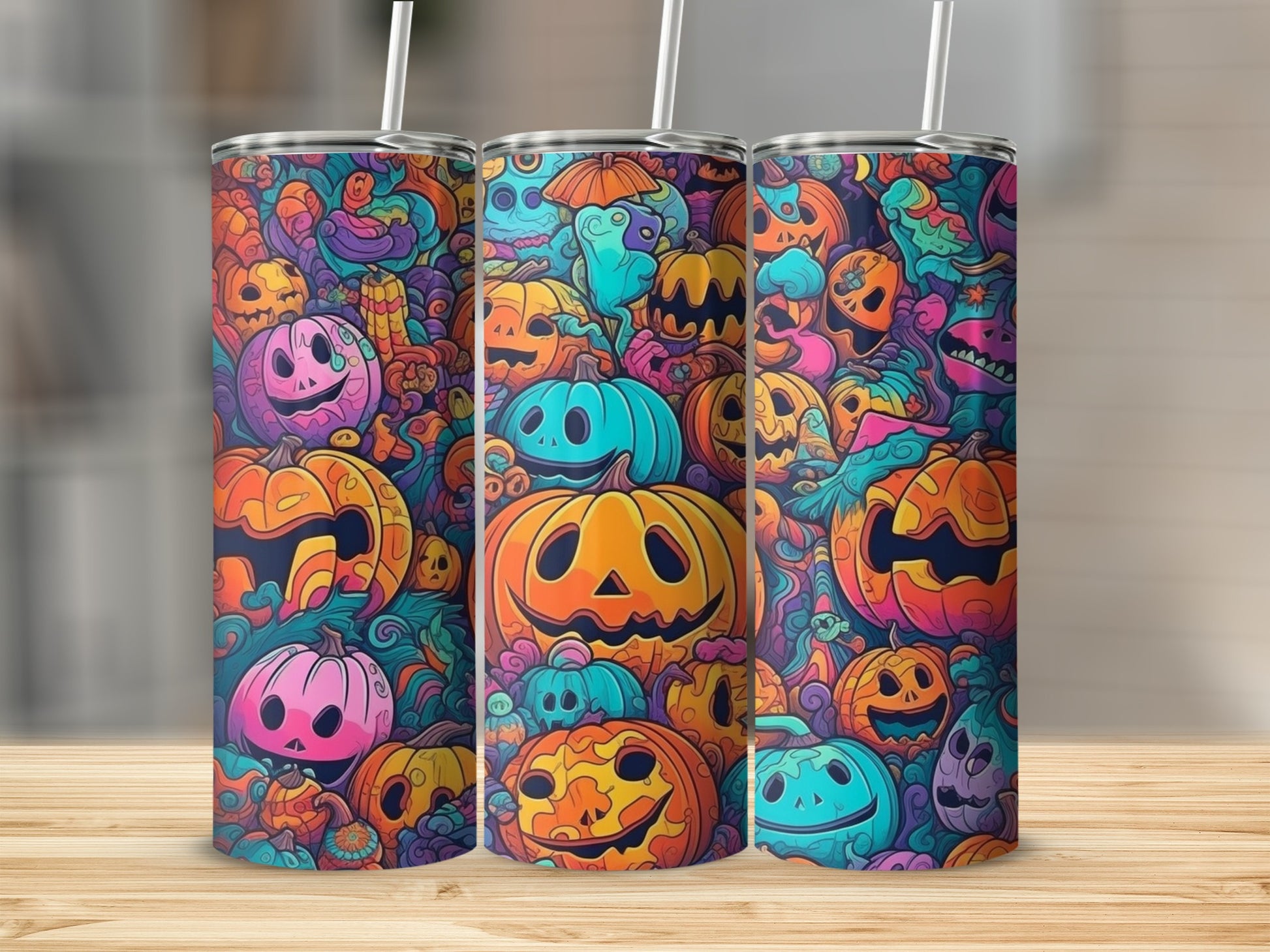 Colorful Halloween Pumpkin and Ghost Design Tumbler