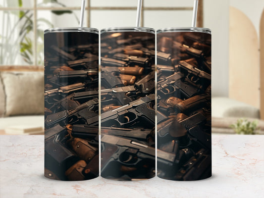 Tumbler with a pattern of multiple handguns piled together.