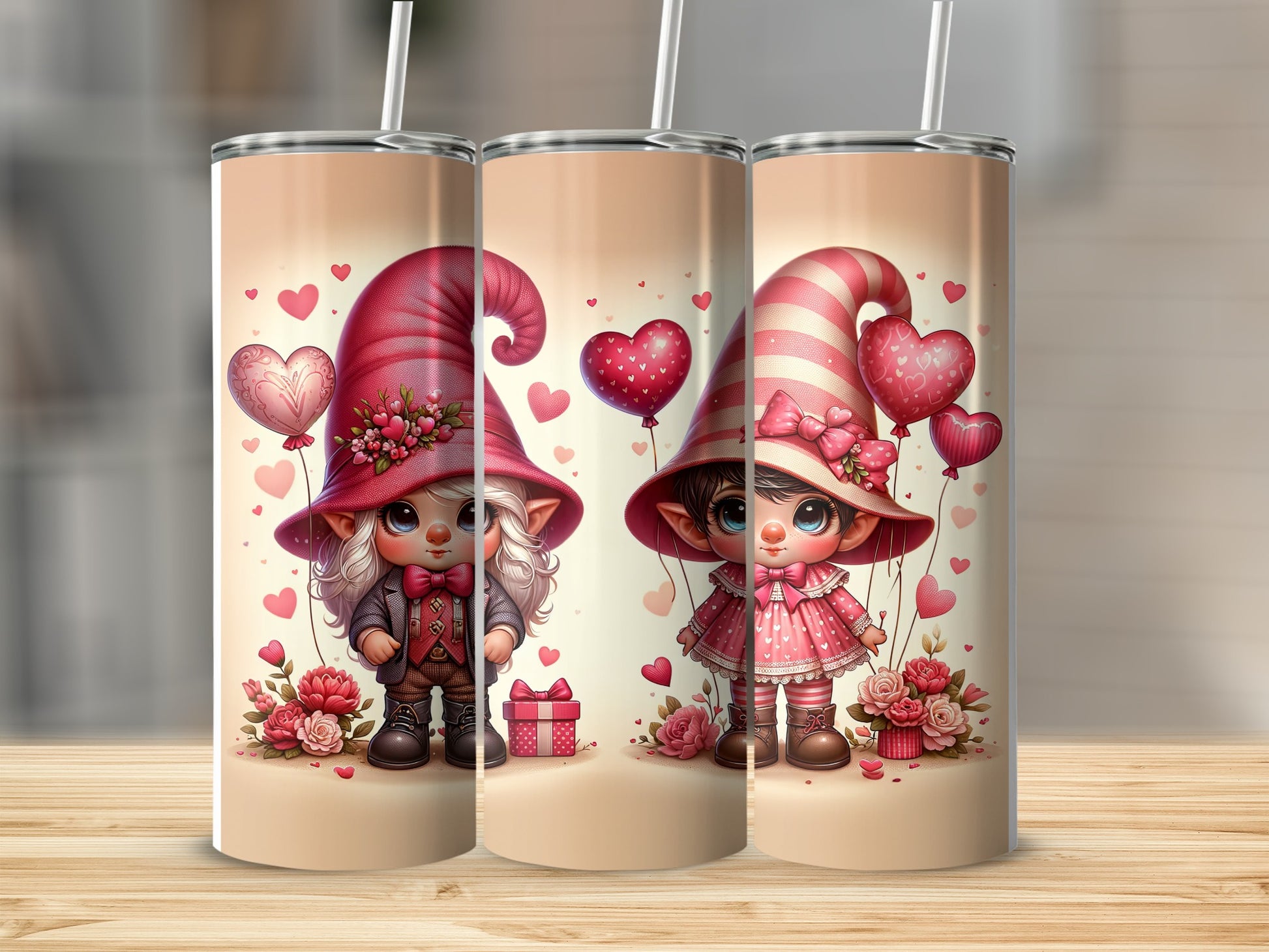 Two gnomes with pink hats and heart balloons, set against a blurred background.