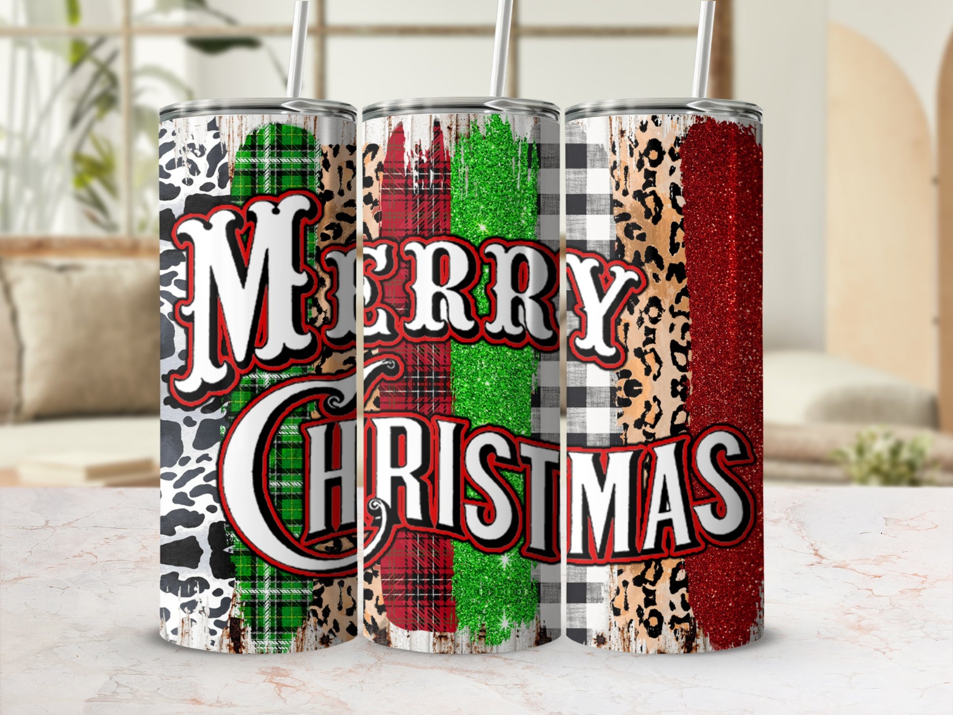 Three tumblers with "Merry Christmas" in distressed lettering, featuring plaid and animal print patterns.