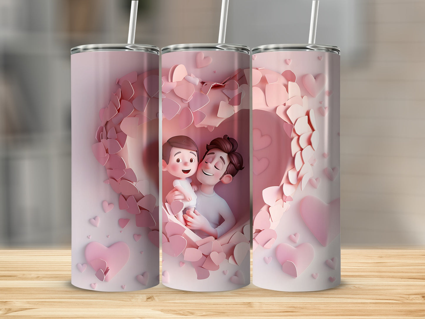 Father and son embraced in heart shaped graphics on pink tumblers.