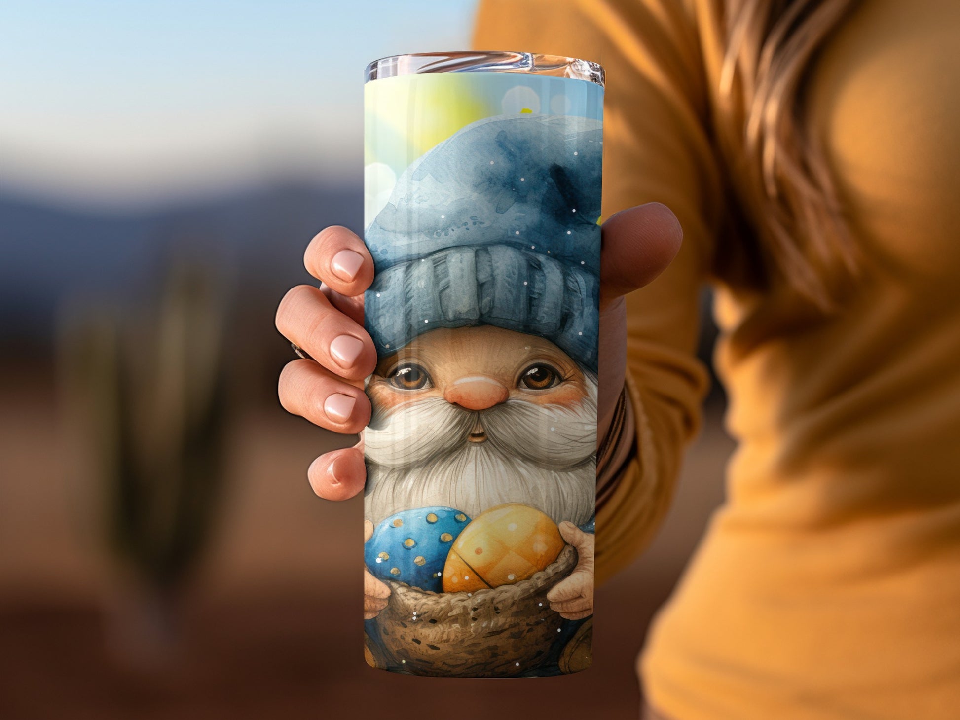 Festive Gnome Holding Colorful Eggs Travel Tumbler