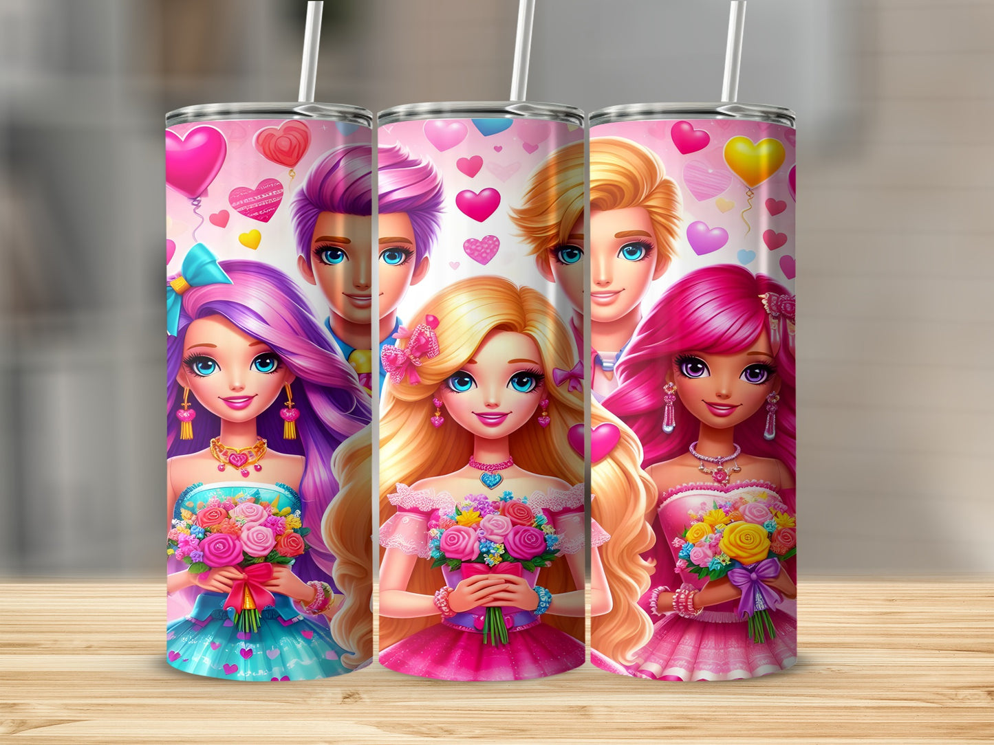 Three cartoon dolls in pink dresses holding bouquets of flowers.