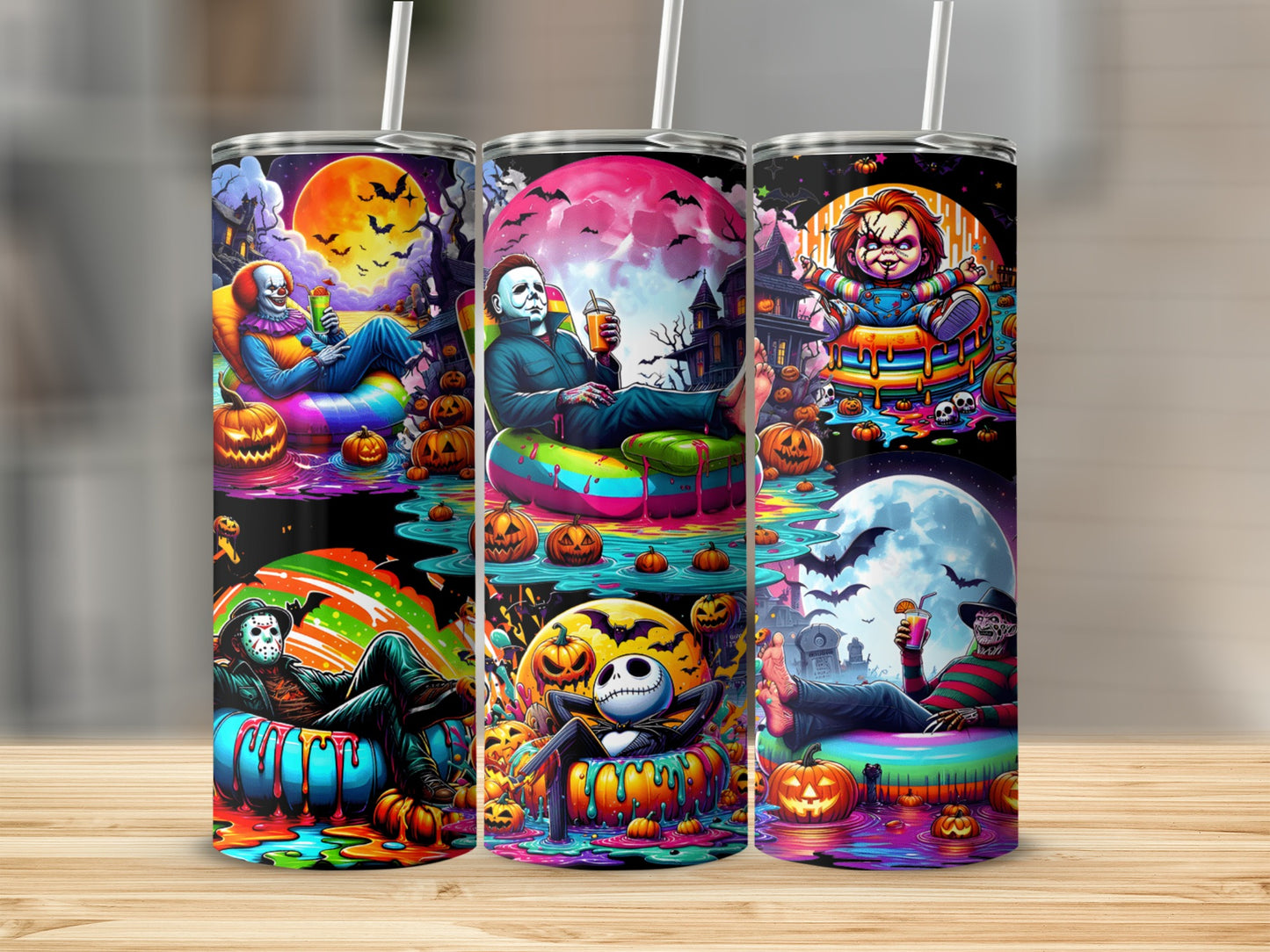 Halloween characters relaxing on inflatable rings with pumpkins and spooky backgrounds.