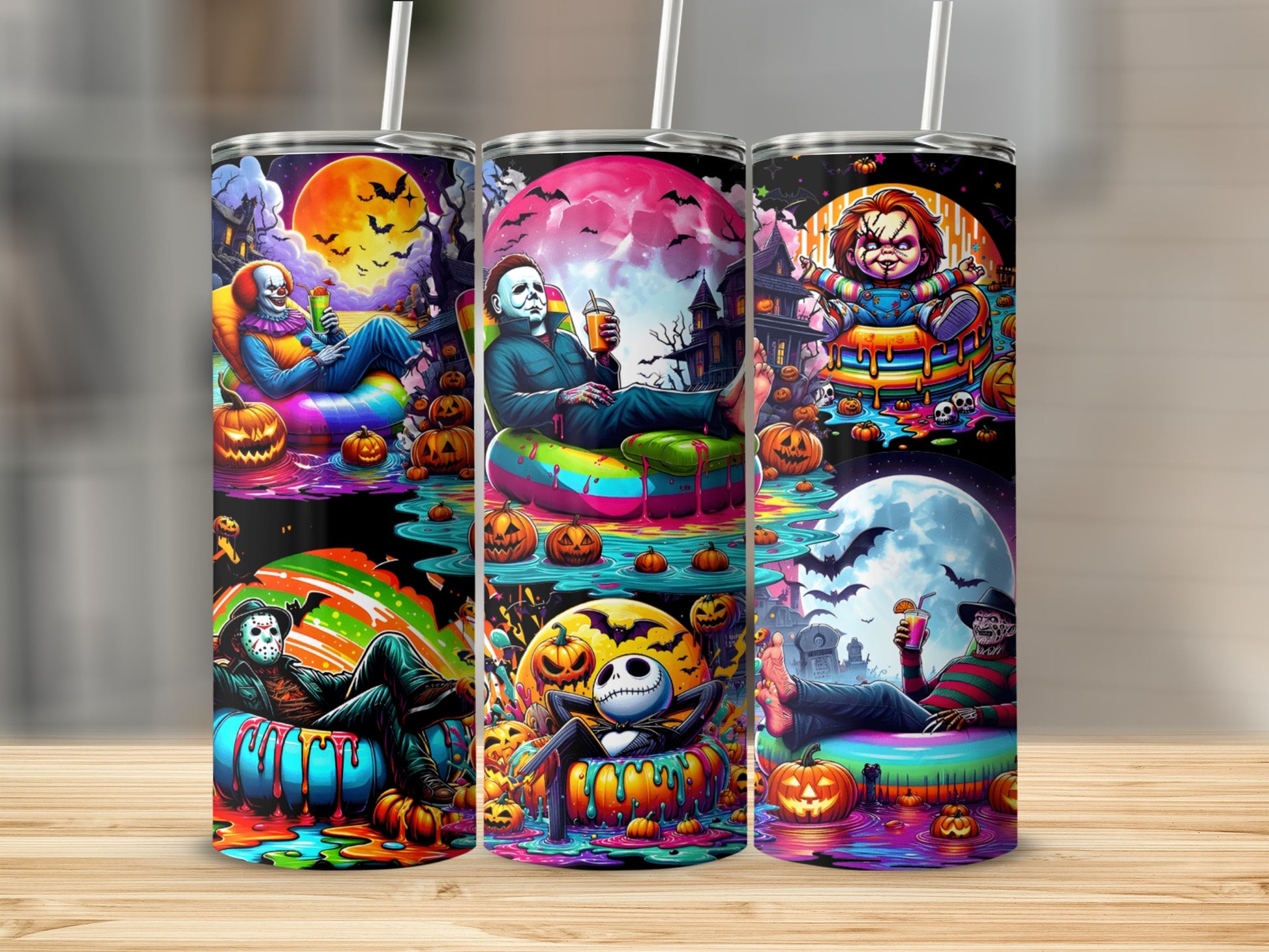 Halloween characters relaxing on inflatable rings with pumpkins and spooky backgrounds.