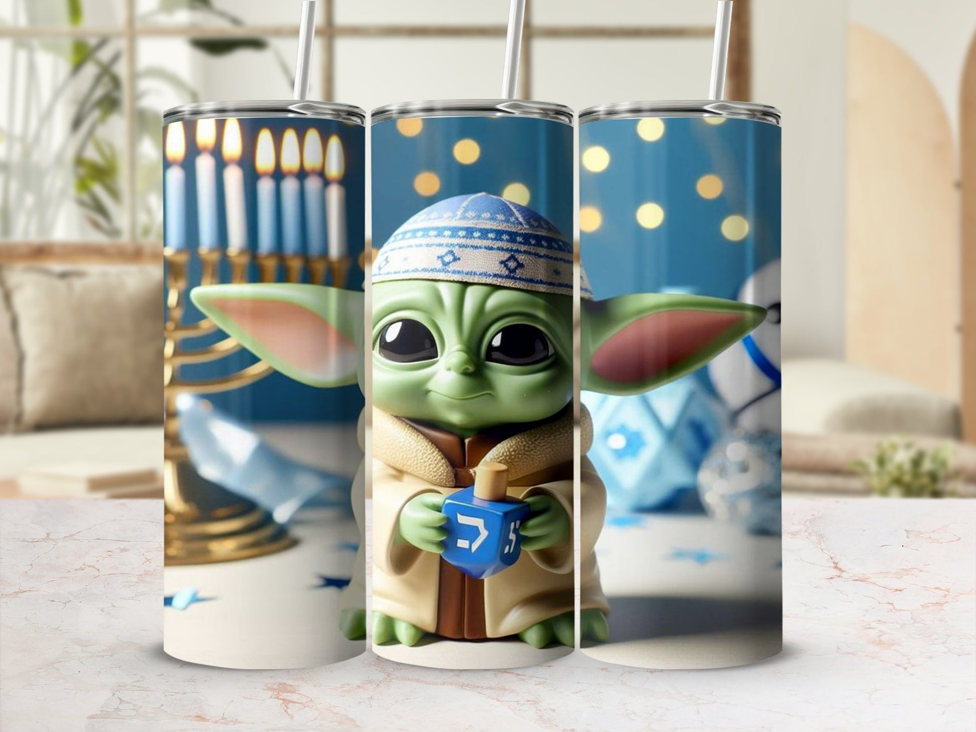 Cute Yoda Hanukkah Tumbler with Menorah and Dreidel Design