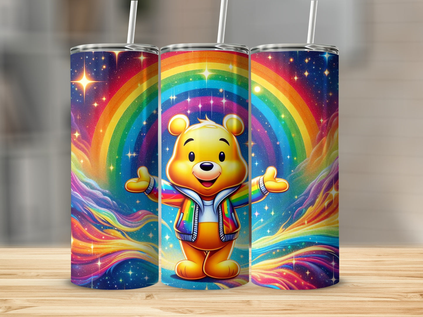 Golden Bear Over Rainbow Stars Happy Character Tumblers