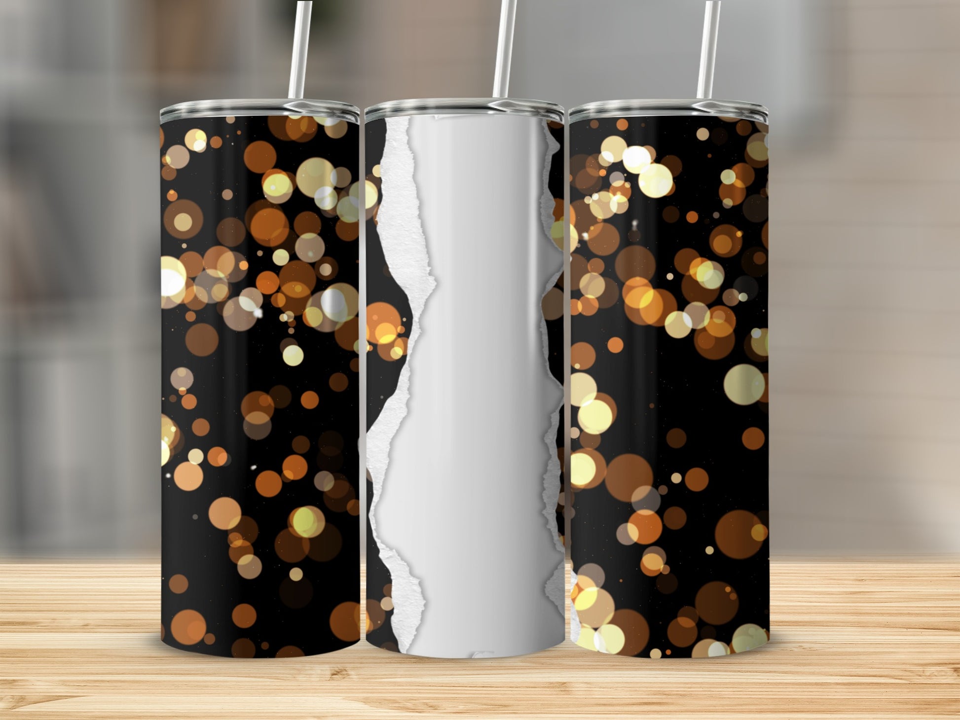 Three tumblers with black background and bokeh lights, one torn.