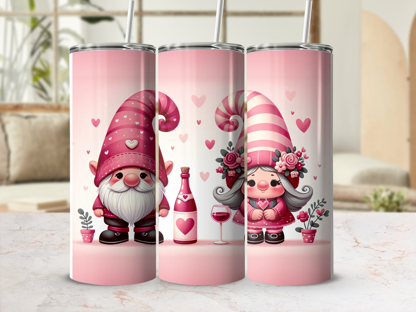 Pink tumblers with Valentine's Day gnomes and hearts.