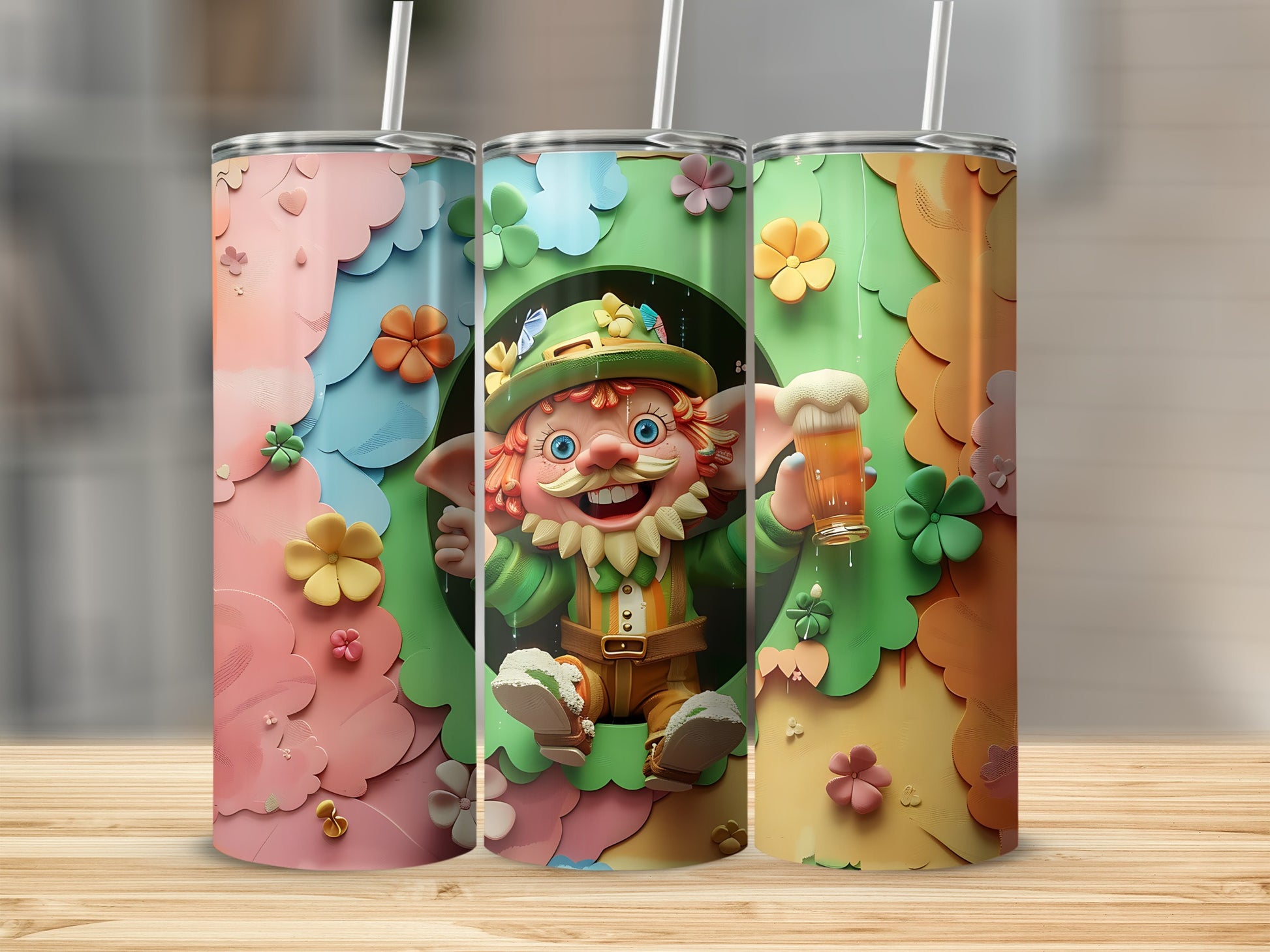 Leprechaun with beer in a colorful St. Patrick's Day themed tumbler.
