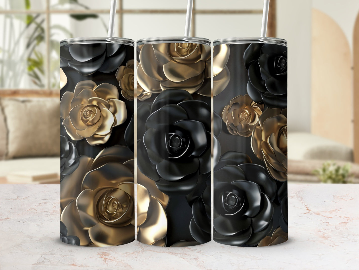 Black and gold rose pattern on three tumblers with straws.