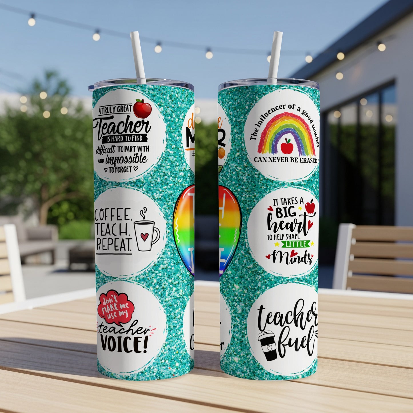 Two glittery tumblers with teacher-themed quotes and graphics.