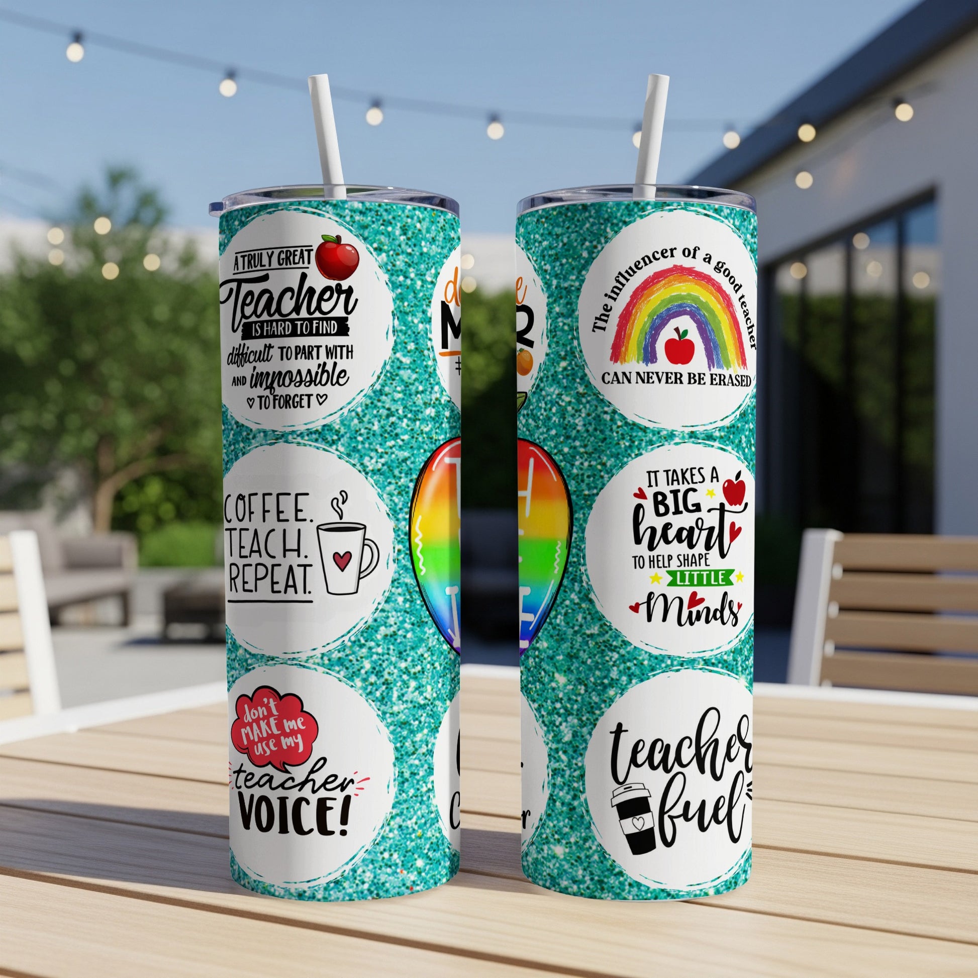 Two glittery tumblers with teacher-themed quotes and graphics.