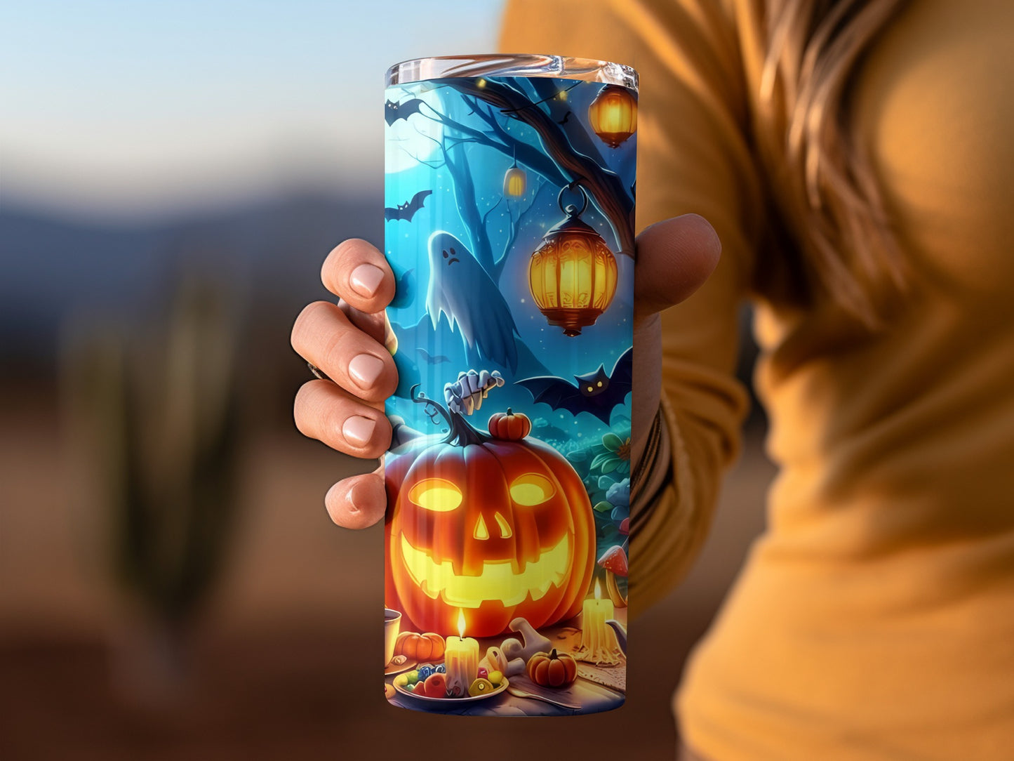 Spooky Halloween Themed Tumbler With Ghosts and Bats