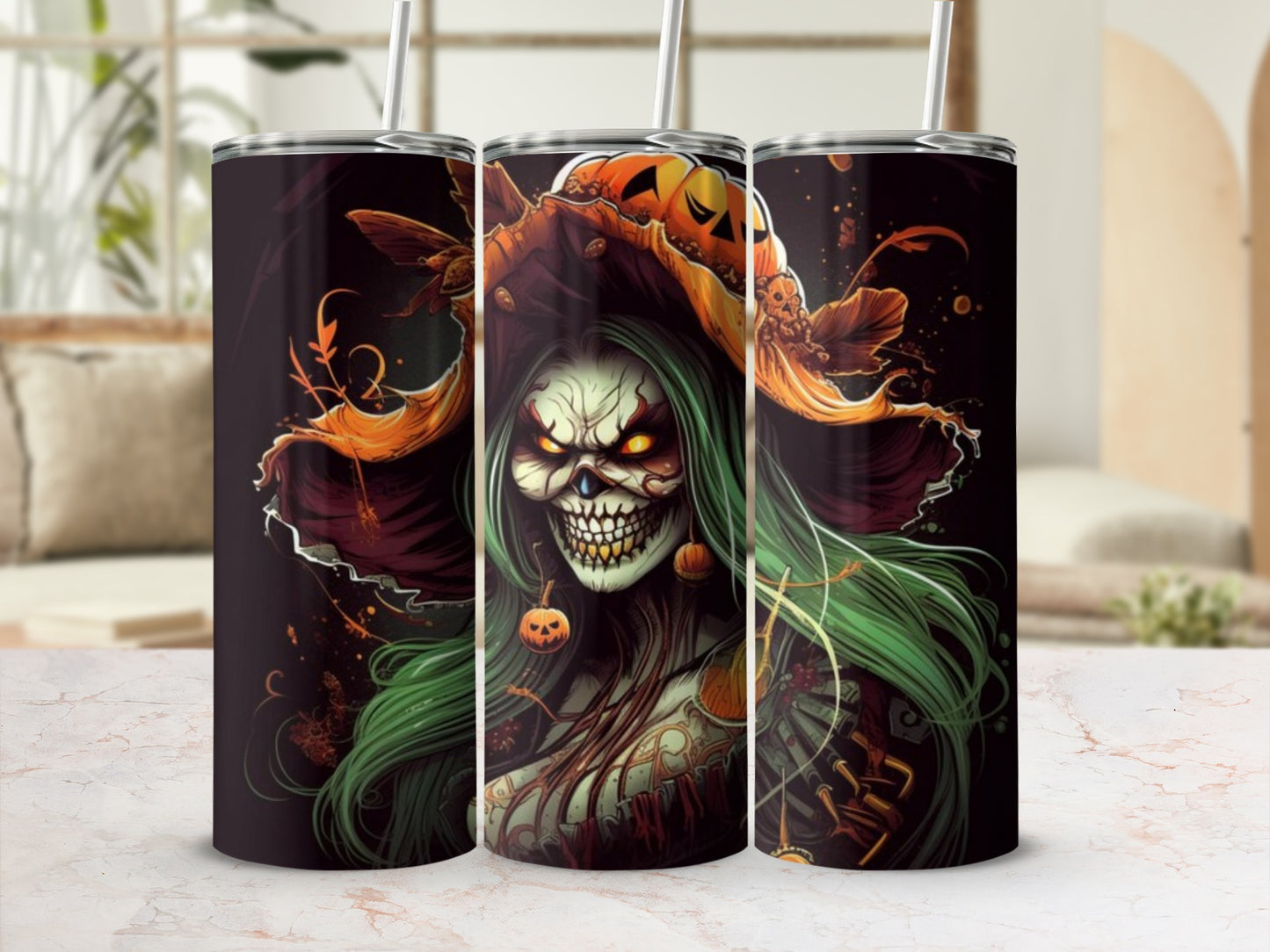 Trio of tumblers featuring a spooky witch with pumpkins and green hair.