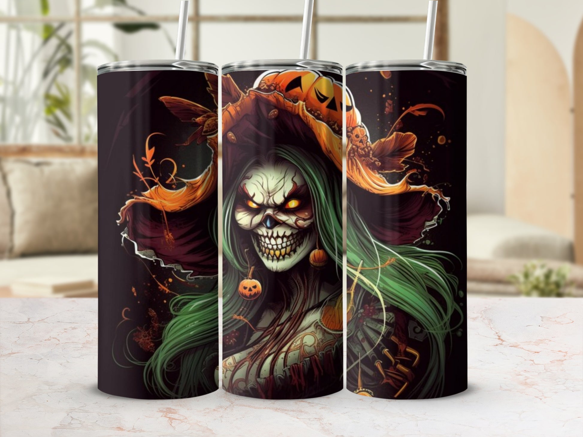 Trio of tumblers featuring a spooky witch with pumpkins and green hair.