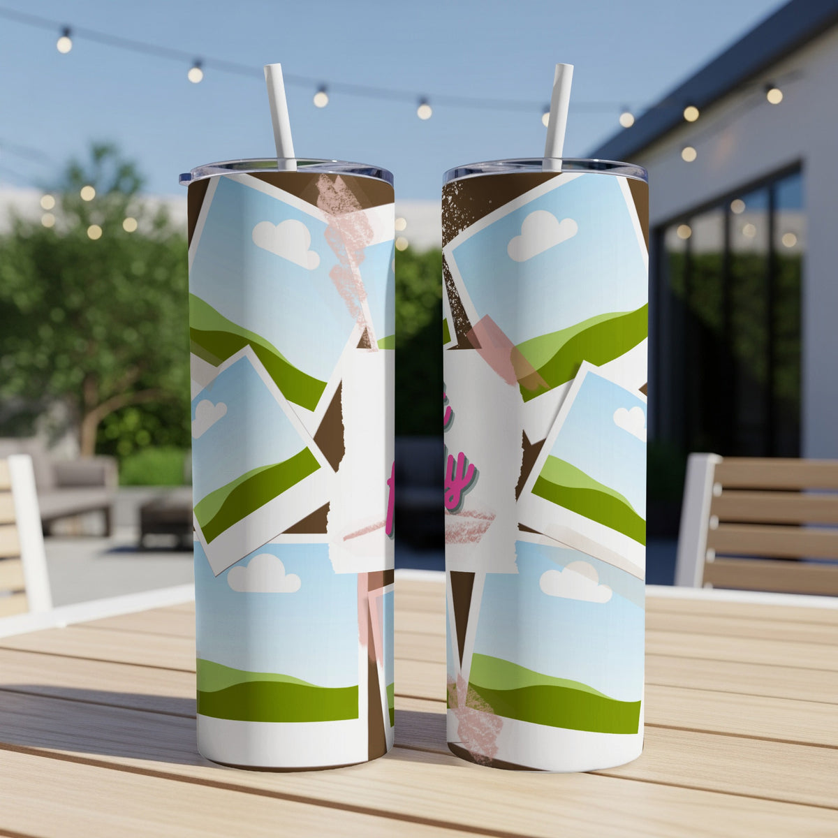 Two tumblers with a collage of sky, clouds, and rolling green hills design.