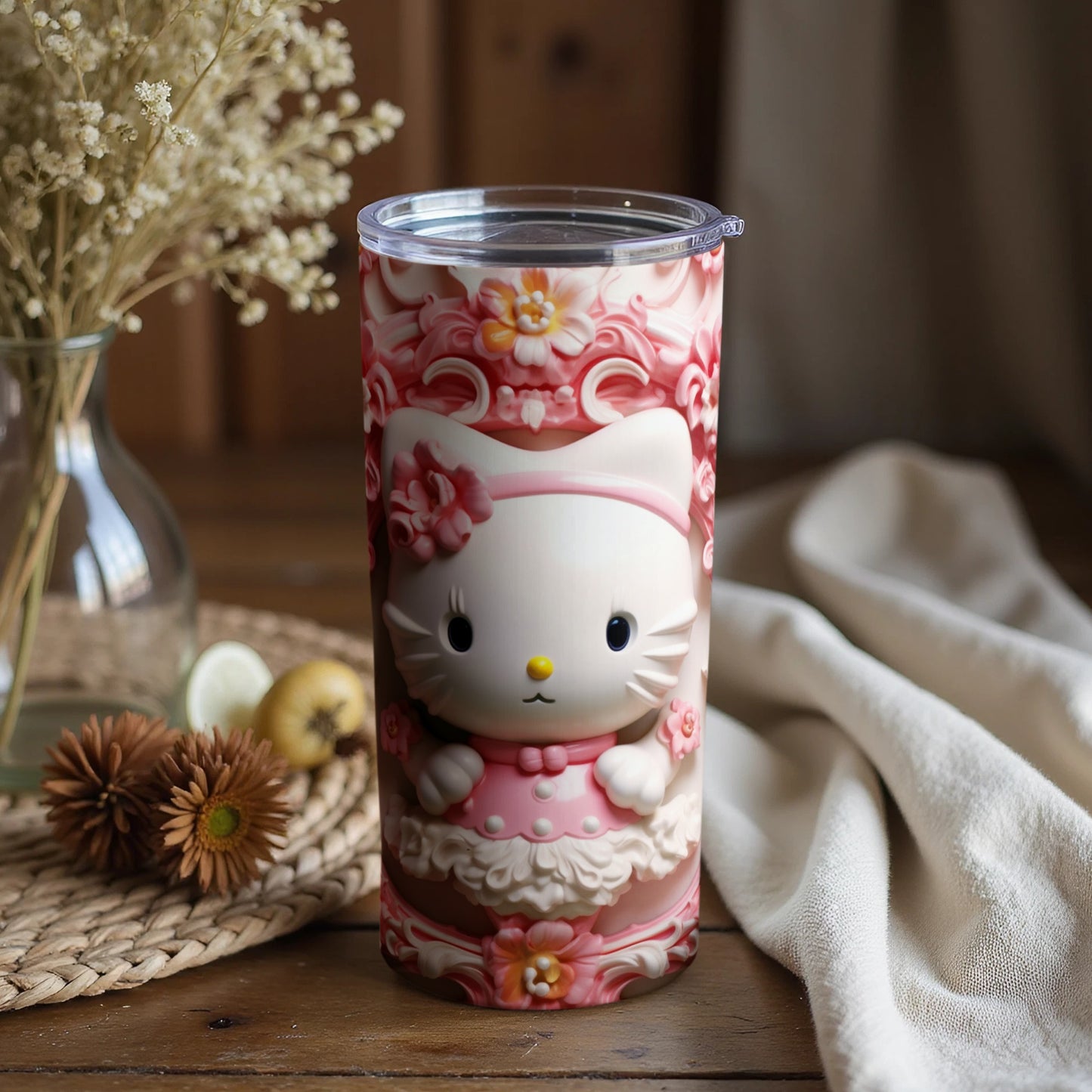 Cute Floral Kitty Design Insulated Tumbler Cup Wrap