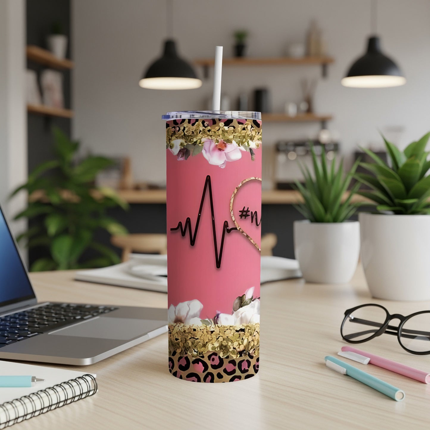 Pink tumbler with floral and leopard print, stethoscope heart, and "#Nurse" text.
