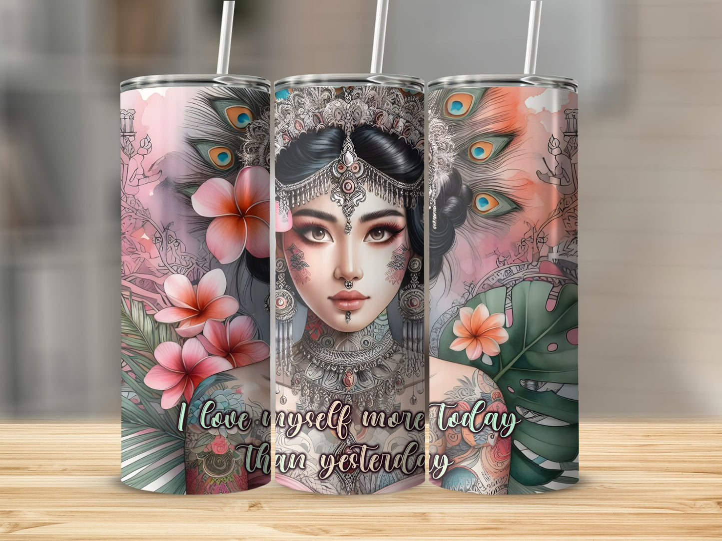 Triptych of tumblers featuring a regal woman with elaborate headdress and peacocks.