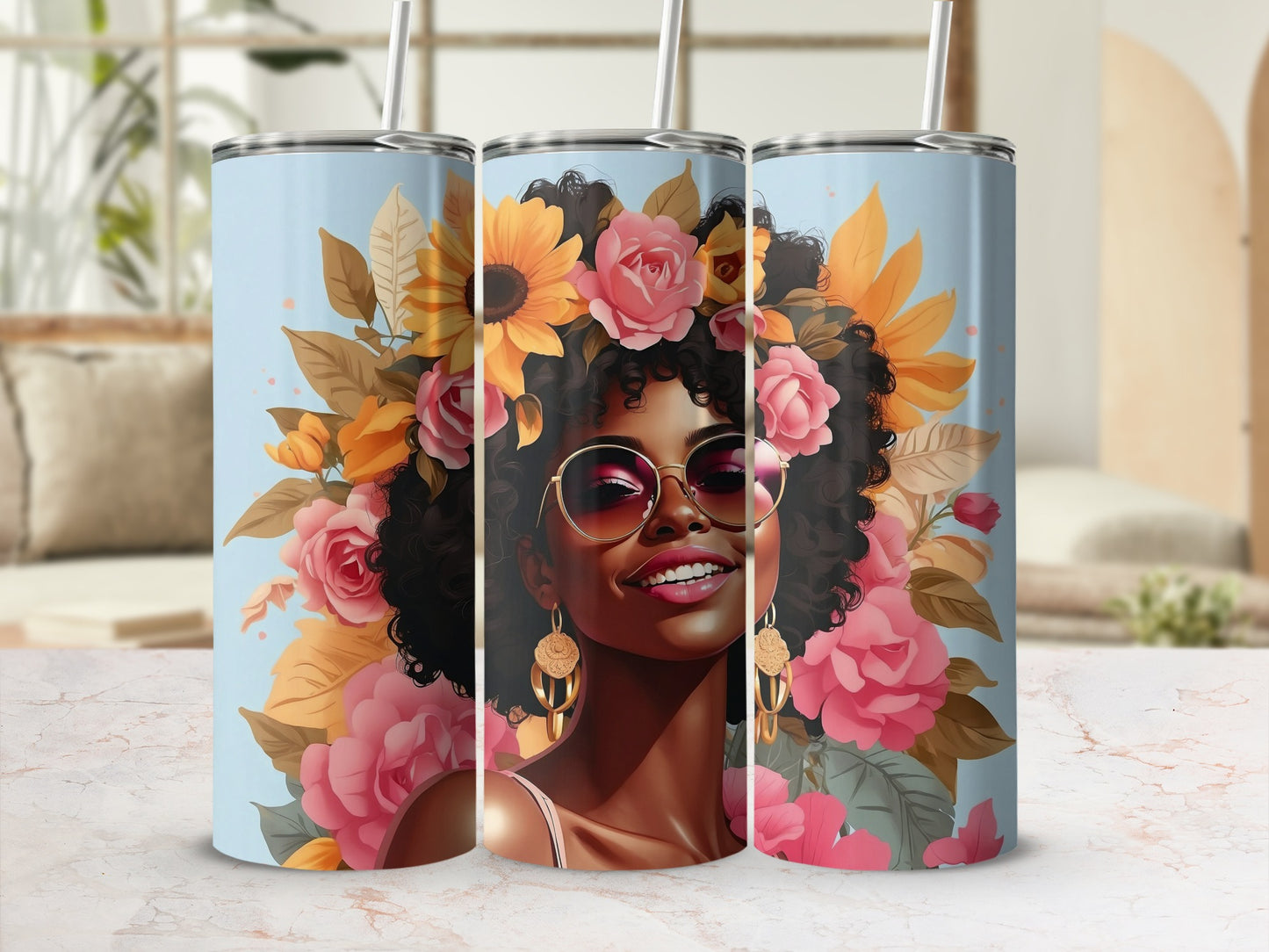 Woman with sunglasses and floral crown on a tumbler.