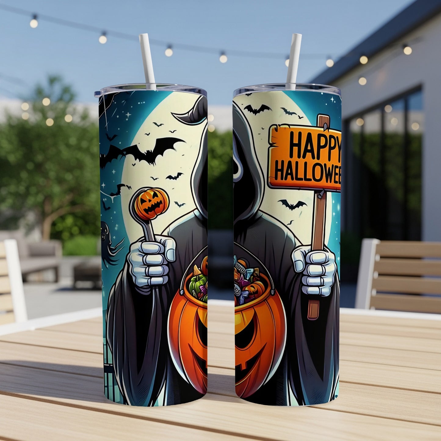 Grim Reaper with pumpkin candy bucket and "Happy Halloween" sign.