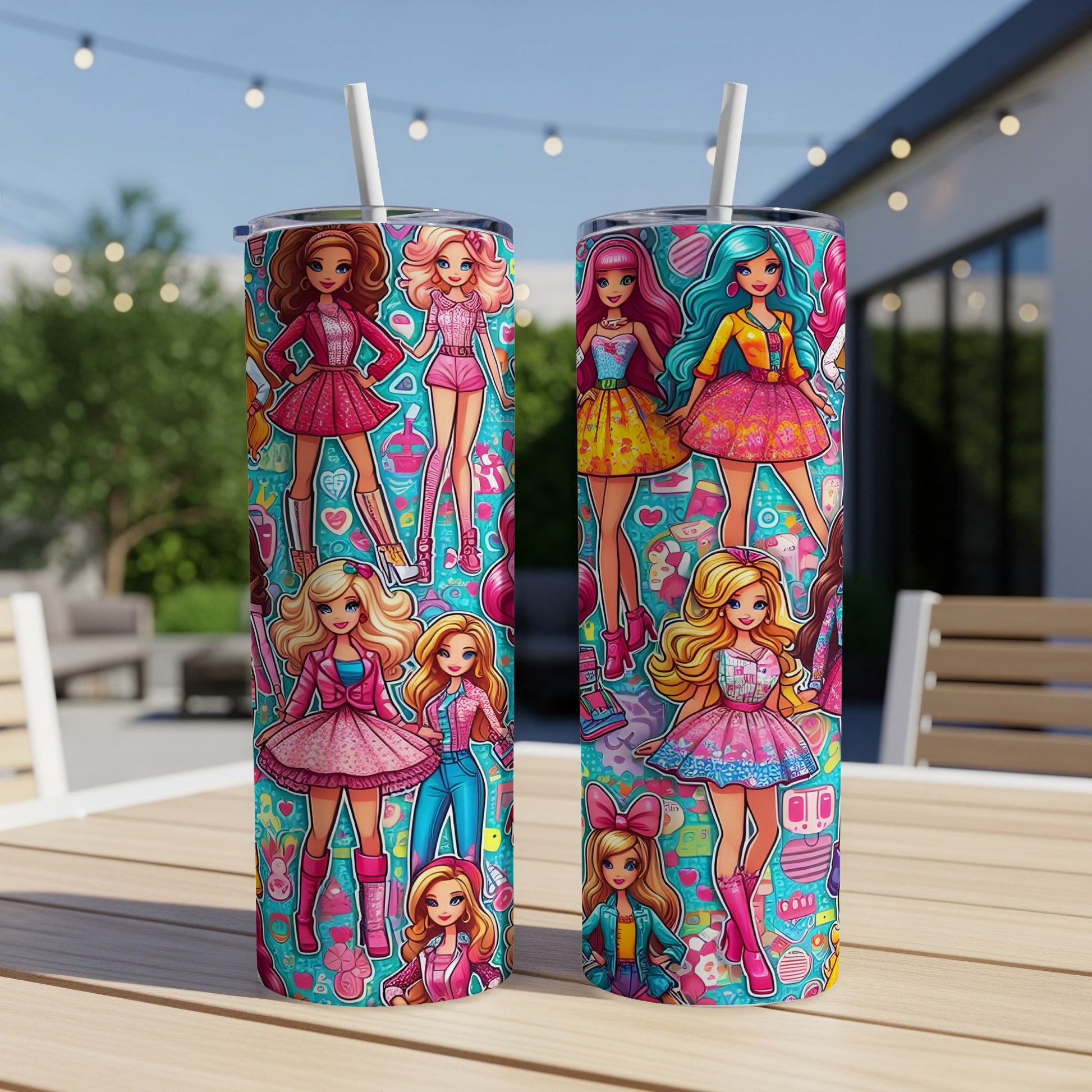 Two pink tumblers with Barbie doll pattern, on a table.